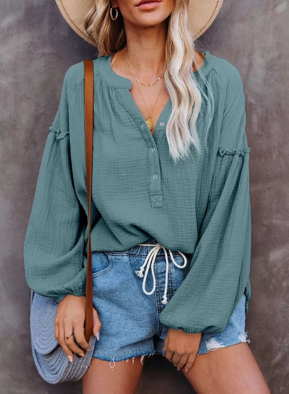 Button Up V-Neck Long Loose Sleeved Top