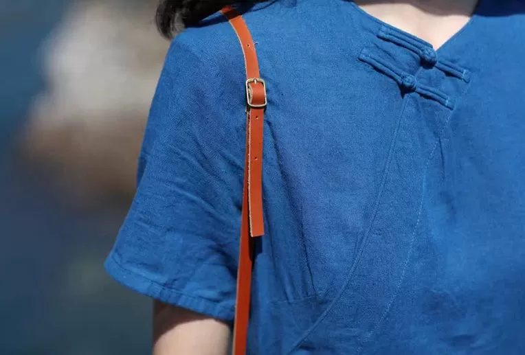 Classic Linen Cheongsam Dress in Blue