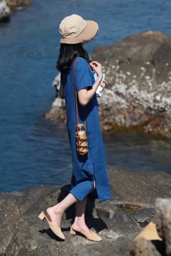 Classic Linen Cheongsam Dress in Blue