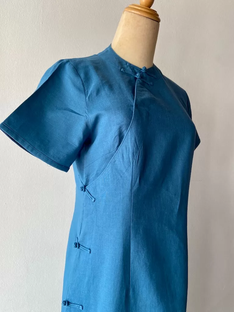 Classic Linen Cheongsam Dress in Blue