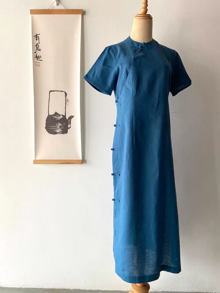 Classic Linen Cheongsam Dress in Blue