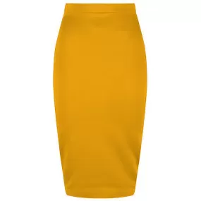 Classic Stretch Honey Yellow Pencil Bodycon Midi Office Work Skirt