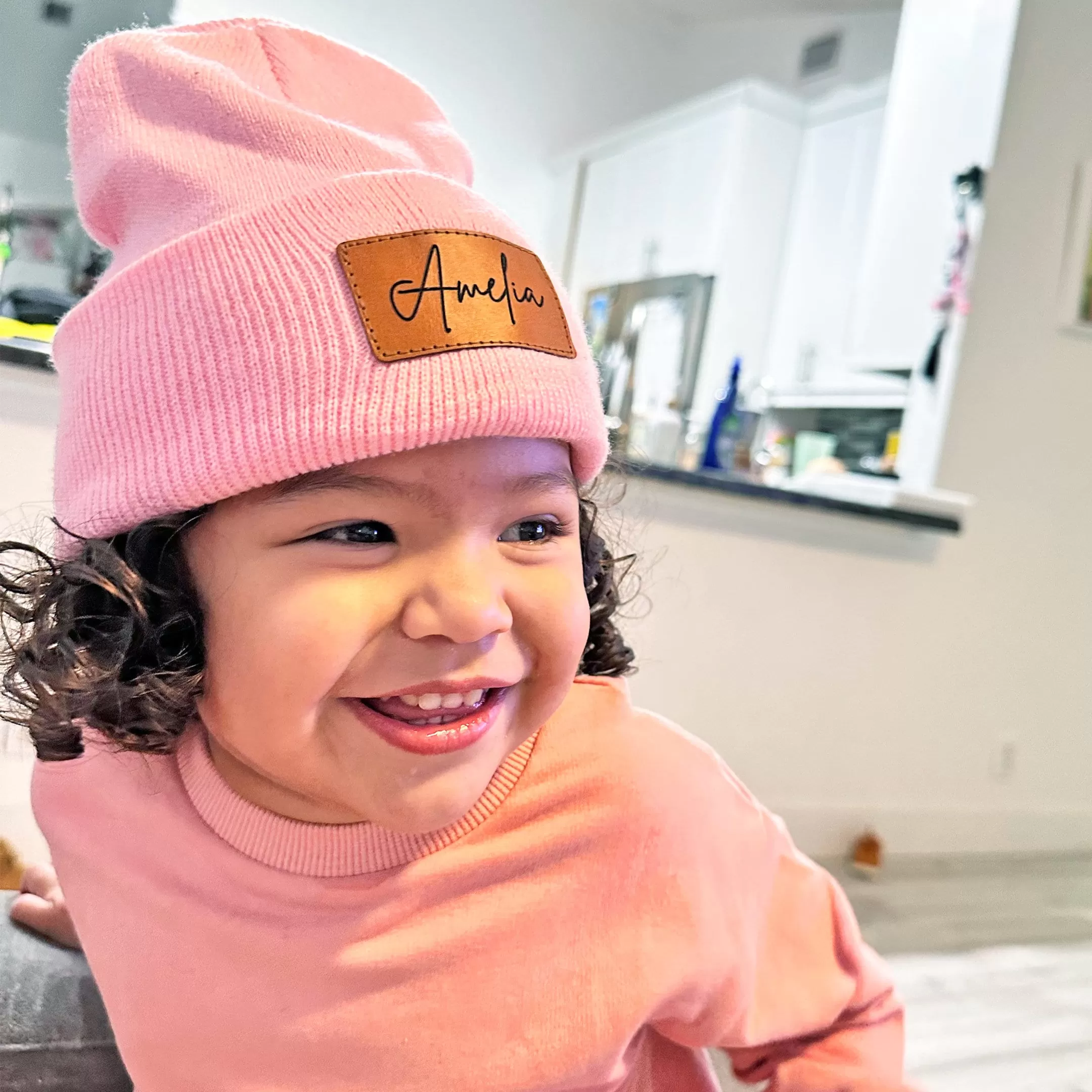 Custom Leather Engraved Kids Beanie