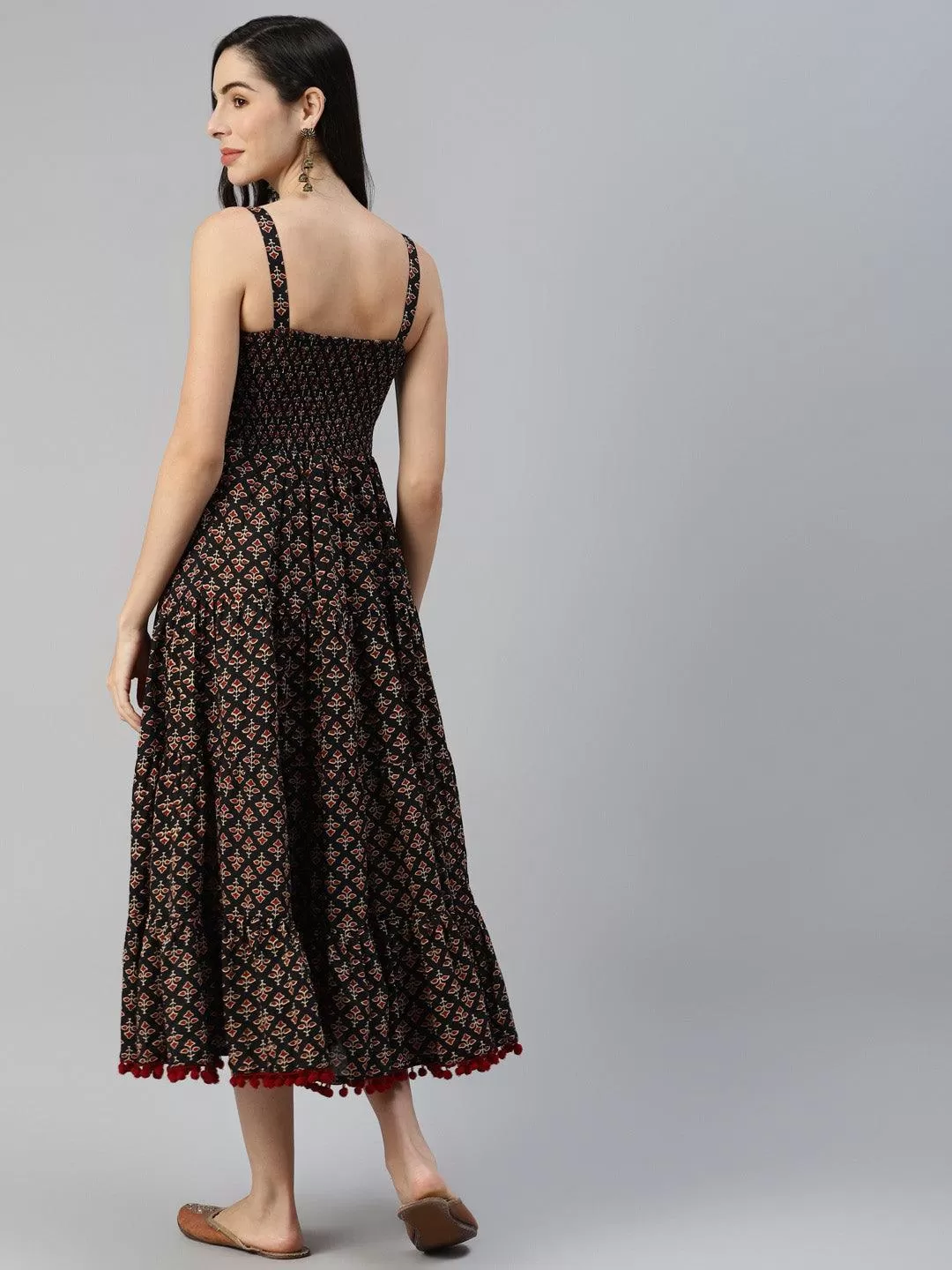 Divena Black Floral Printed Shoulder Strip Long dress