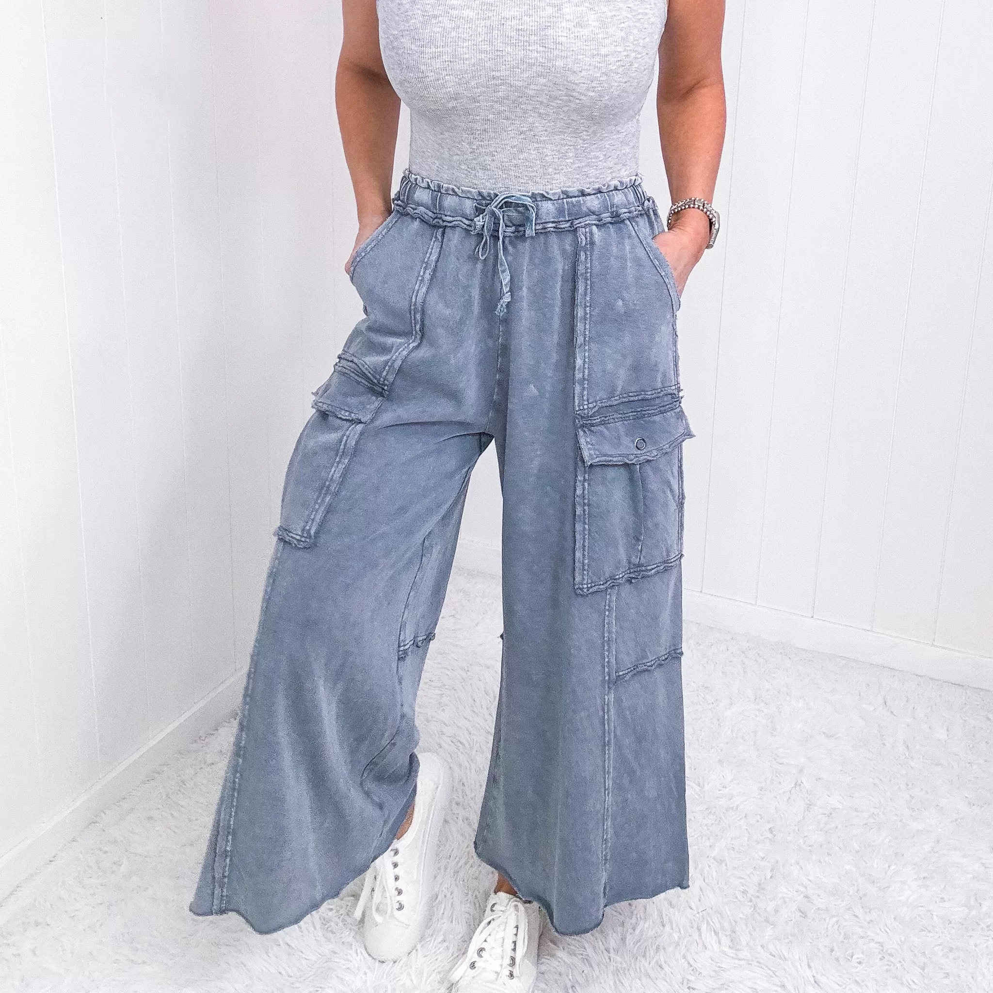 Feeling Good Cropped Relaxed Mineral Washed Wide Leg Cargo Pants in 8 Colors