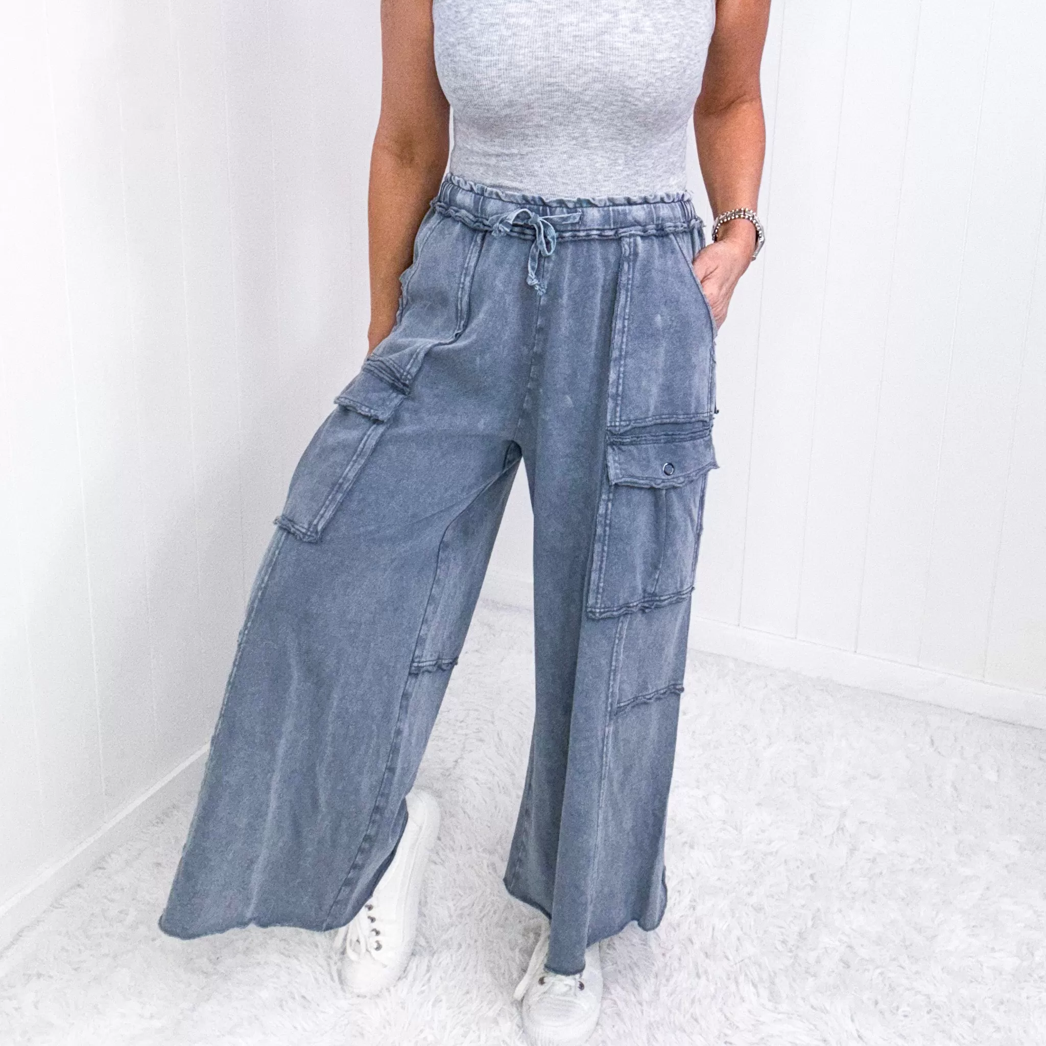 Feeling Good Cropped Relaxed Mineral Washed Wide Leg Cargo Pants in 8 Colors