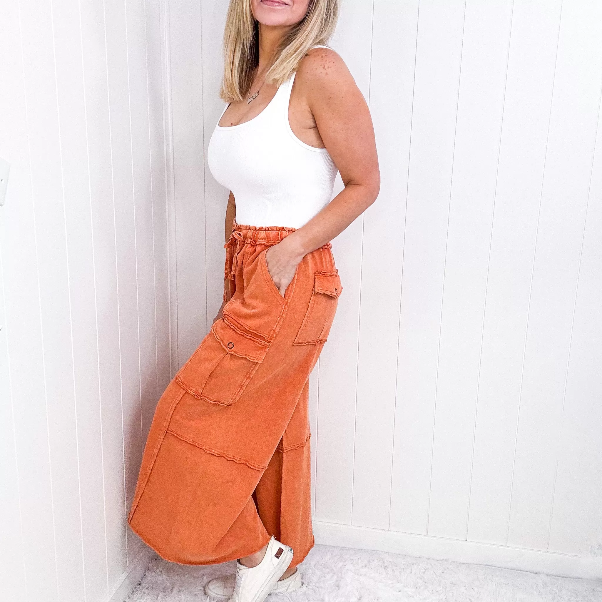 Feeling Good Cropped Relaxed Mineral Washed Wide Leg Cargo Pants in 8 Colors