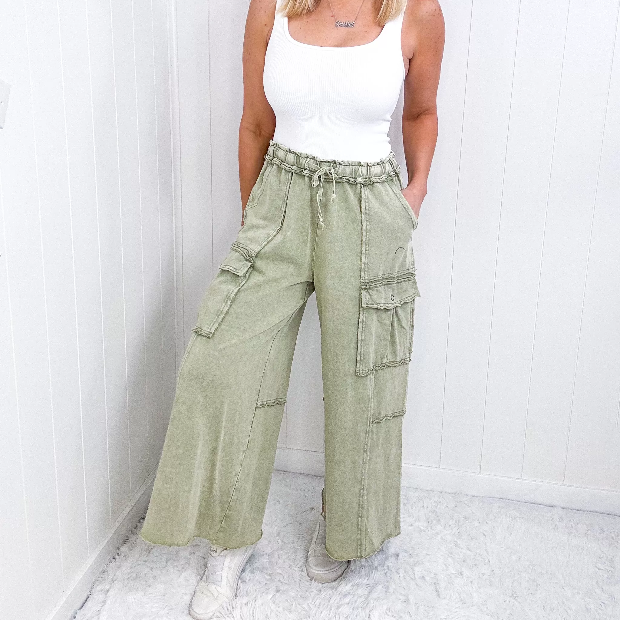 Feeling Good Cropped Relaxed Mineral Washed Wide Leg Cargo Pants in 8 Colors