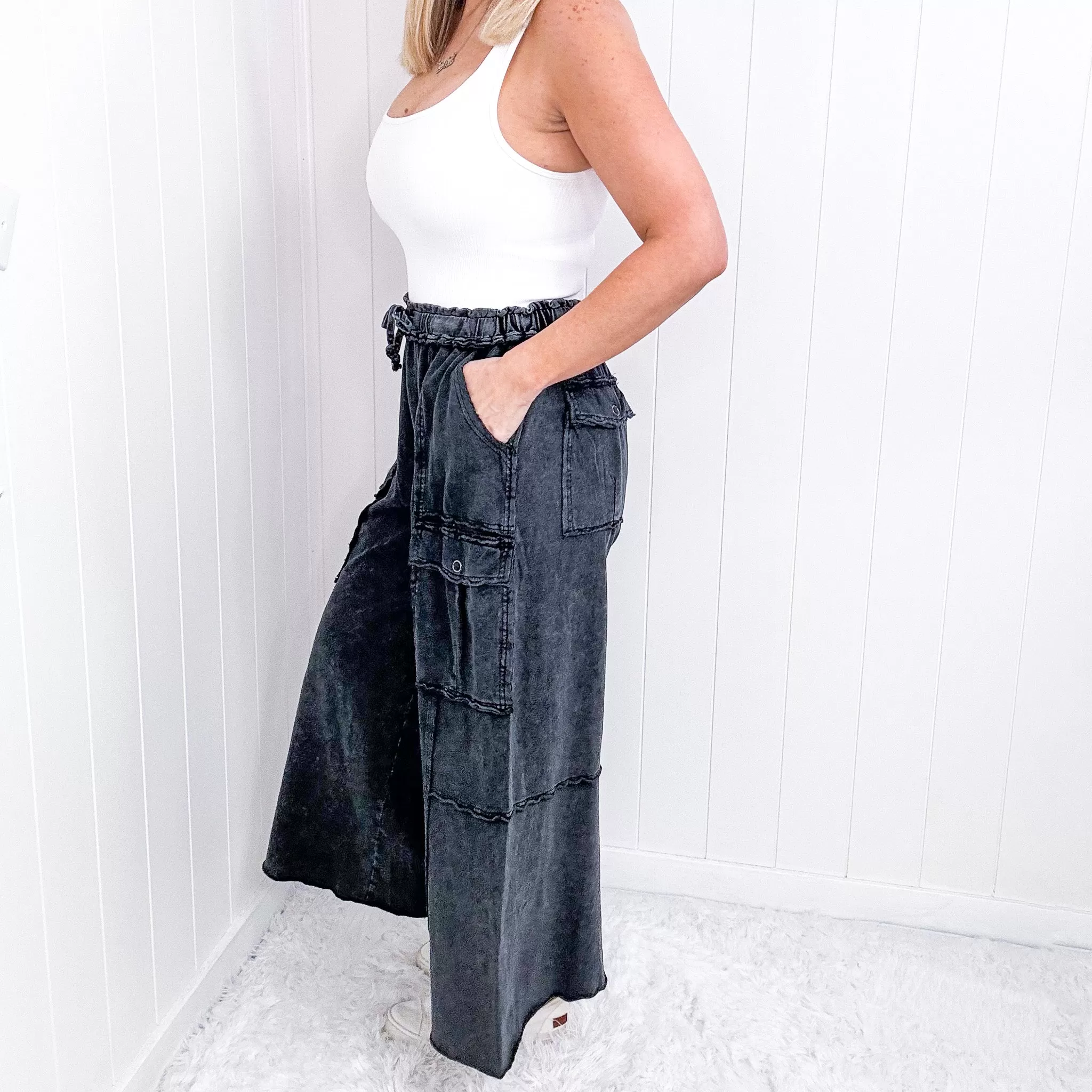 Feeling Good Cropped Relaxed Mineral Washed Wide Leg Cargo Pants in 8 Colors