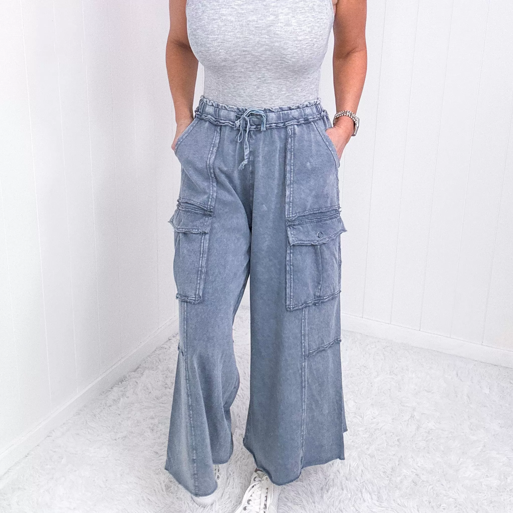 Feeling Good Cropped Relaxed Mineral Washed Wide Leg Cargo Pants in 8 Colors