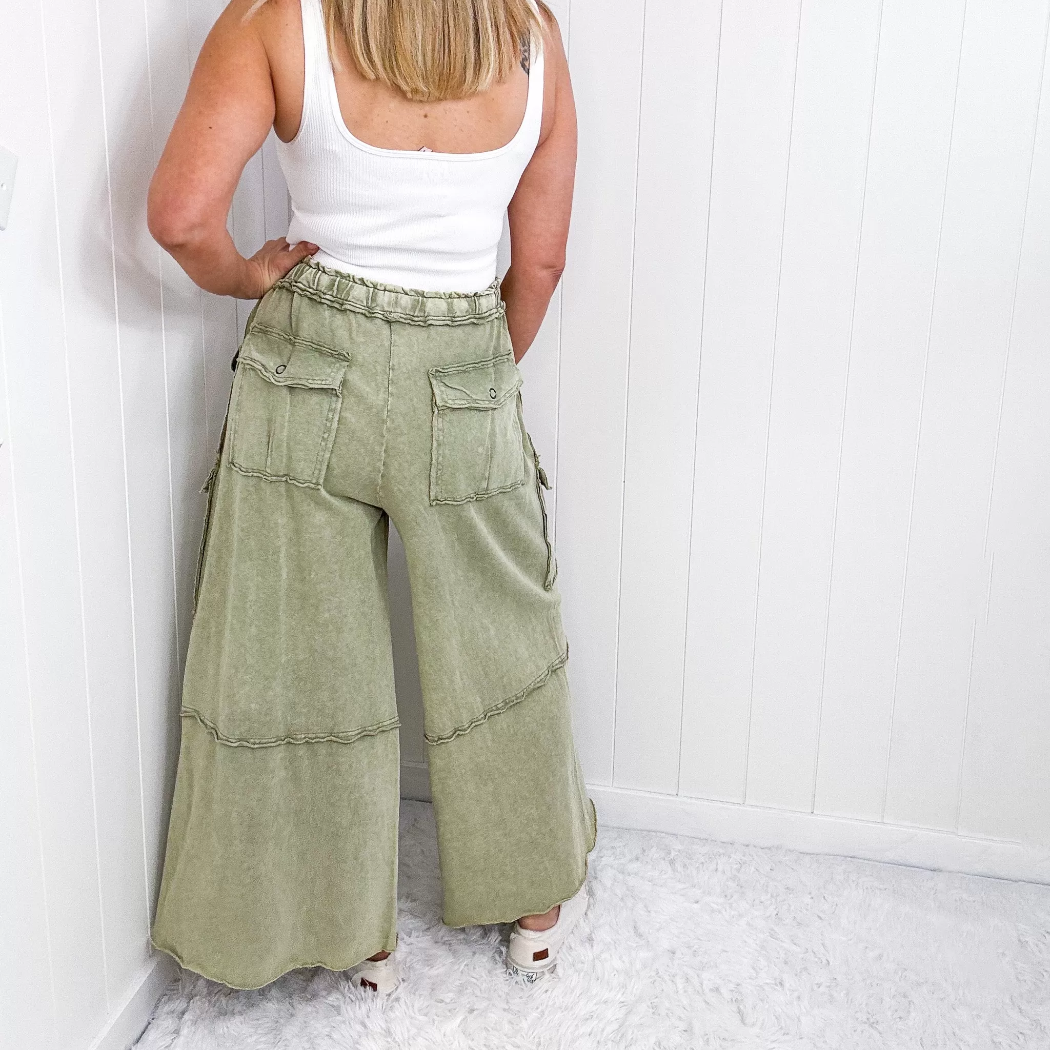 Feeling Good Cropped Relaxed Mineral Washed Wide Leg Cargo Pants in 8 Colors