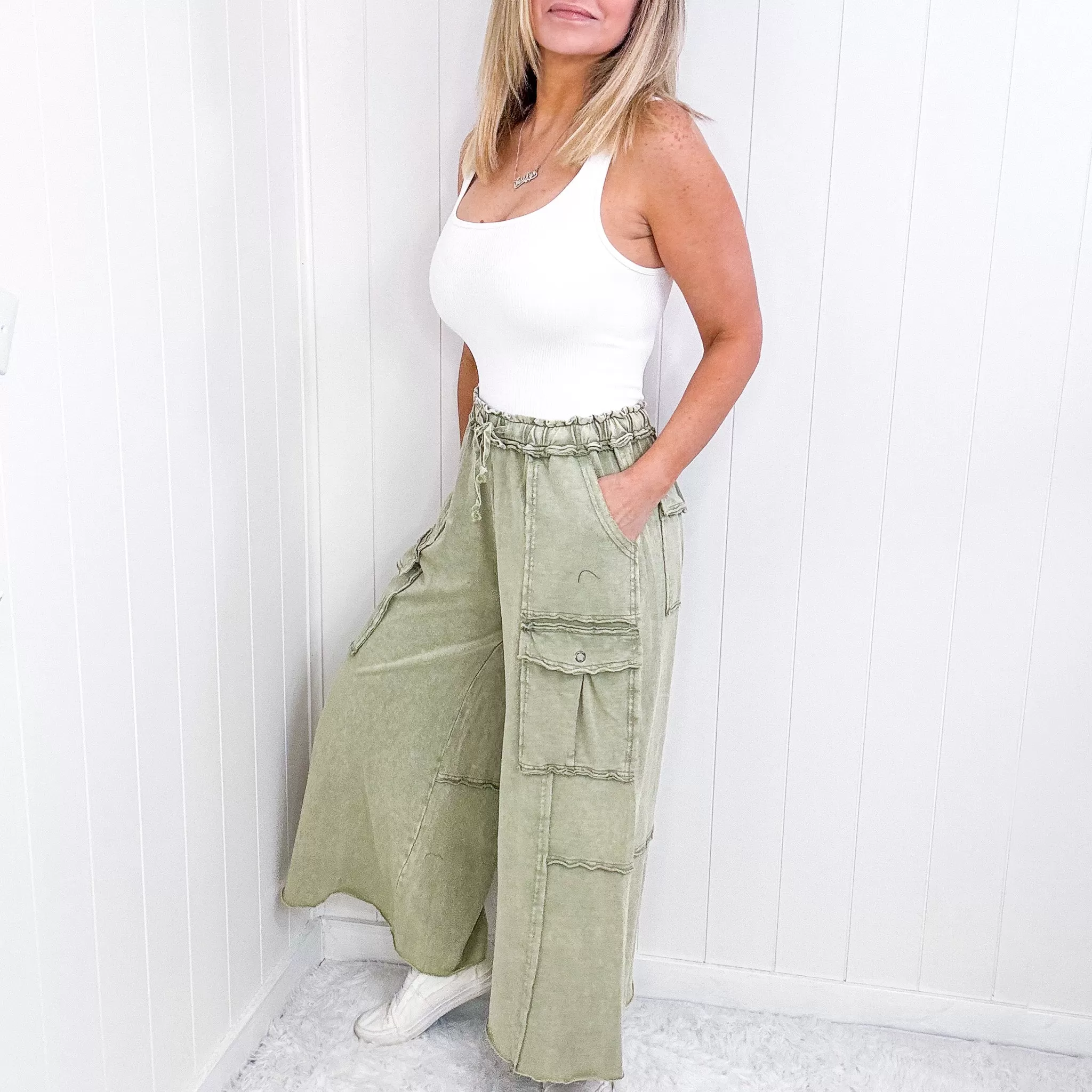 Feeling Good Cropped Relaxed Mineral Washed Wide Leg Cargo Pants in 8 Colors