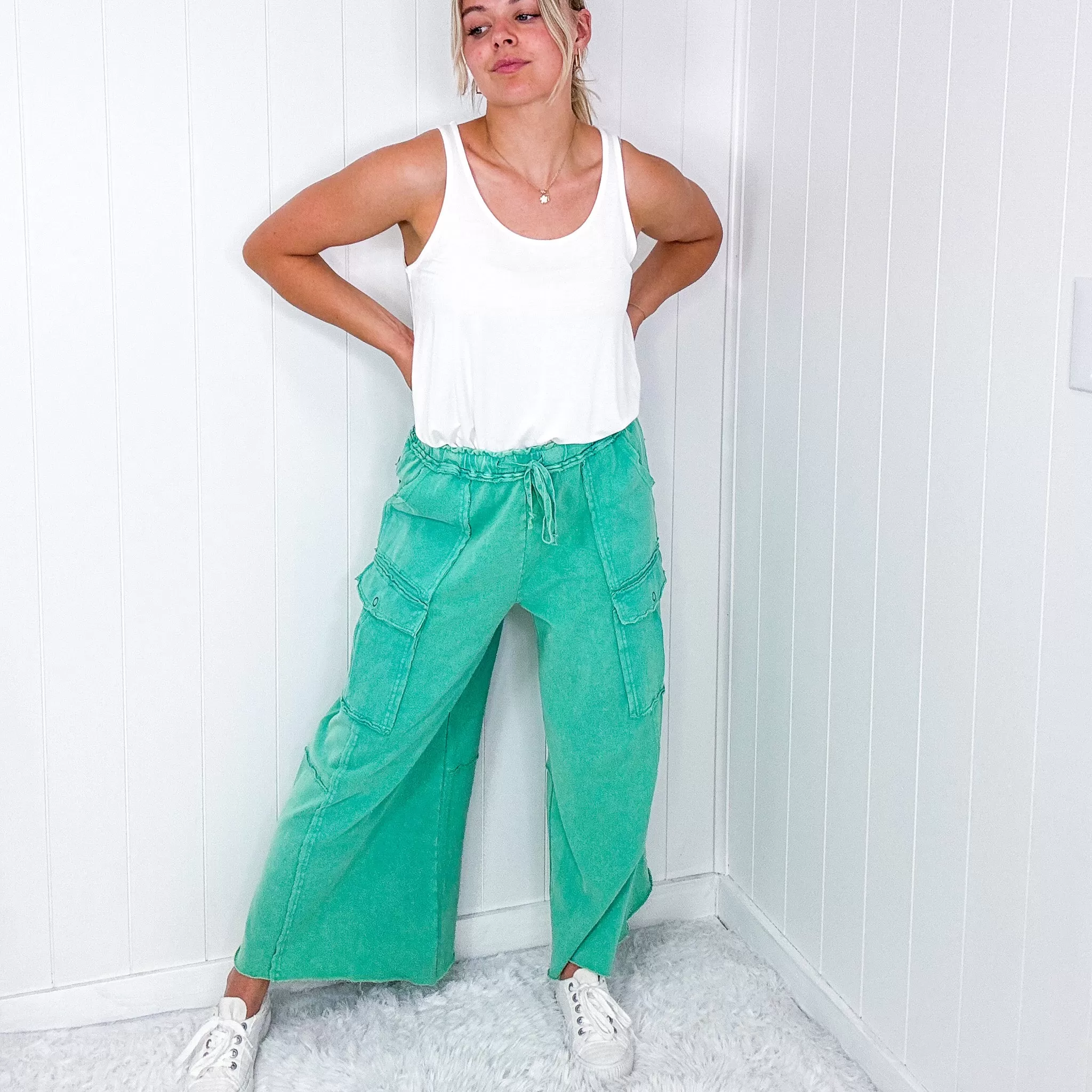 Feeling Good Cropped Relaxed Mineral Washed Wide Leg Cargo Pants in 8 Colors