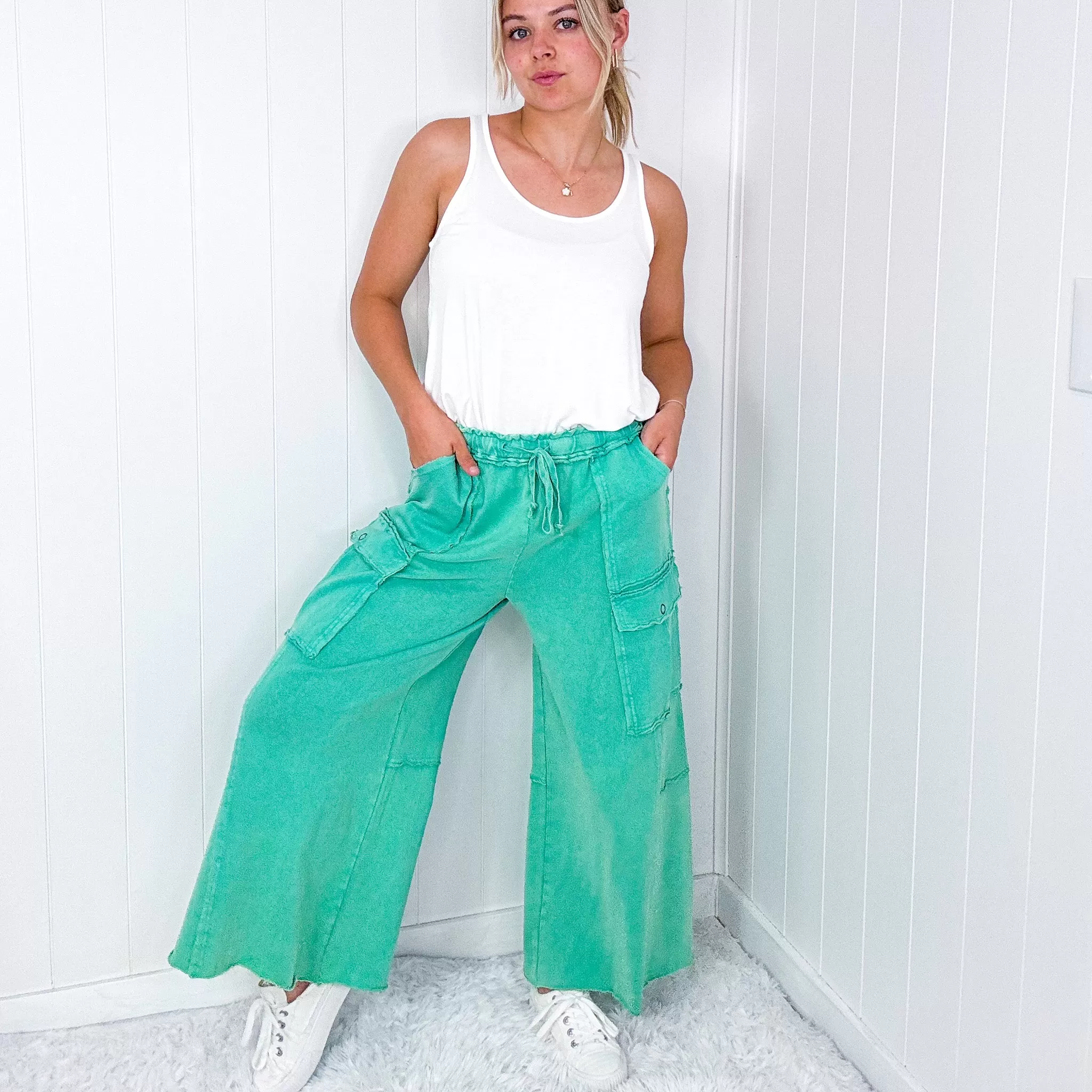 Feeling Good Cropped Relaxed Mineral Washed Wide Leg Cargo Pants in 8 Colors