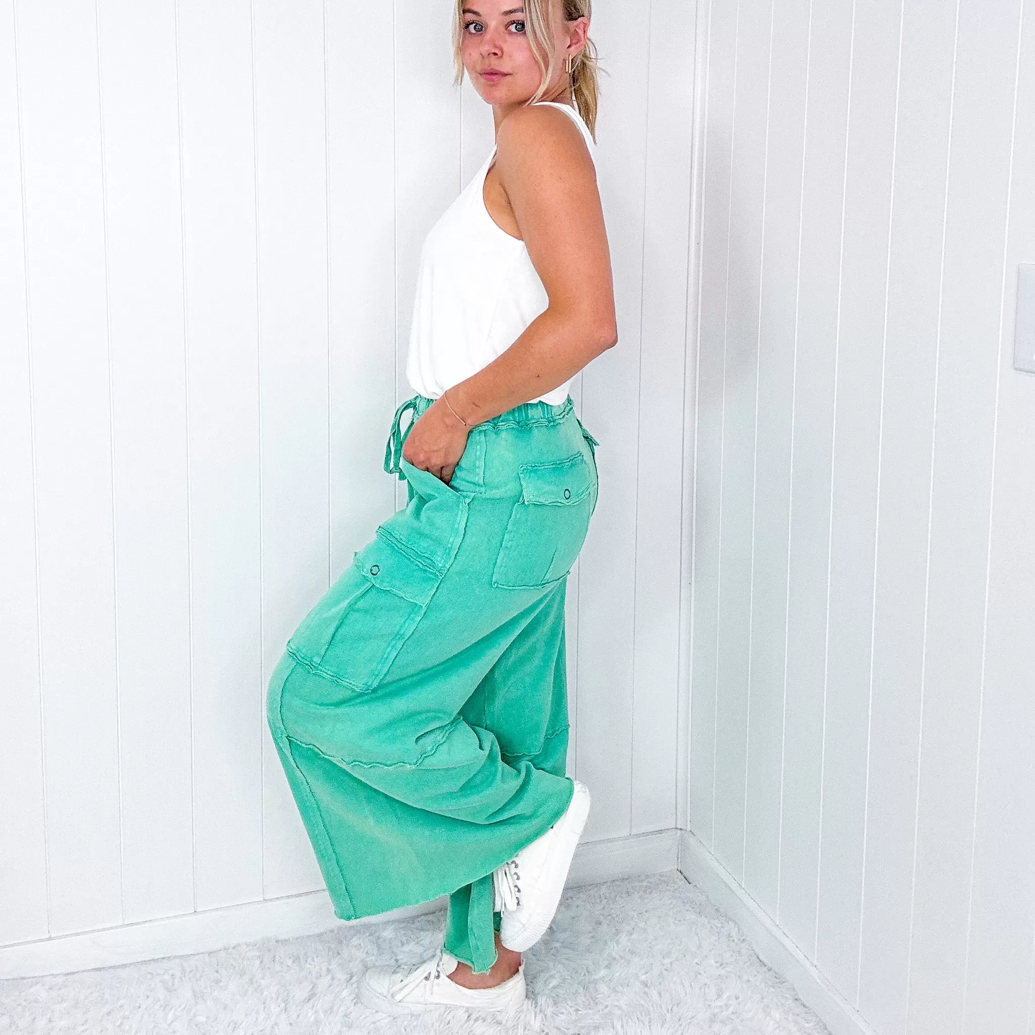 Feeling Good Cropped Relaxed Mineral Washed Wide Leg Cargo Pants in 8 Colors