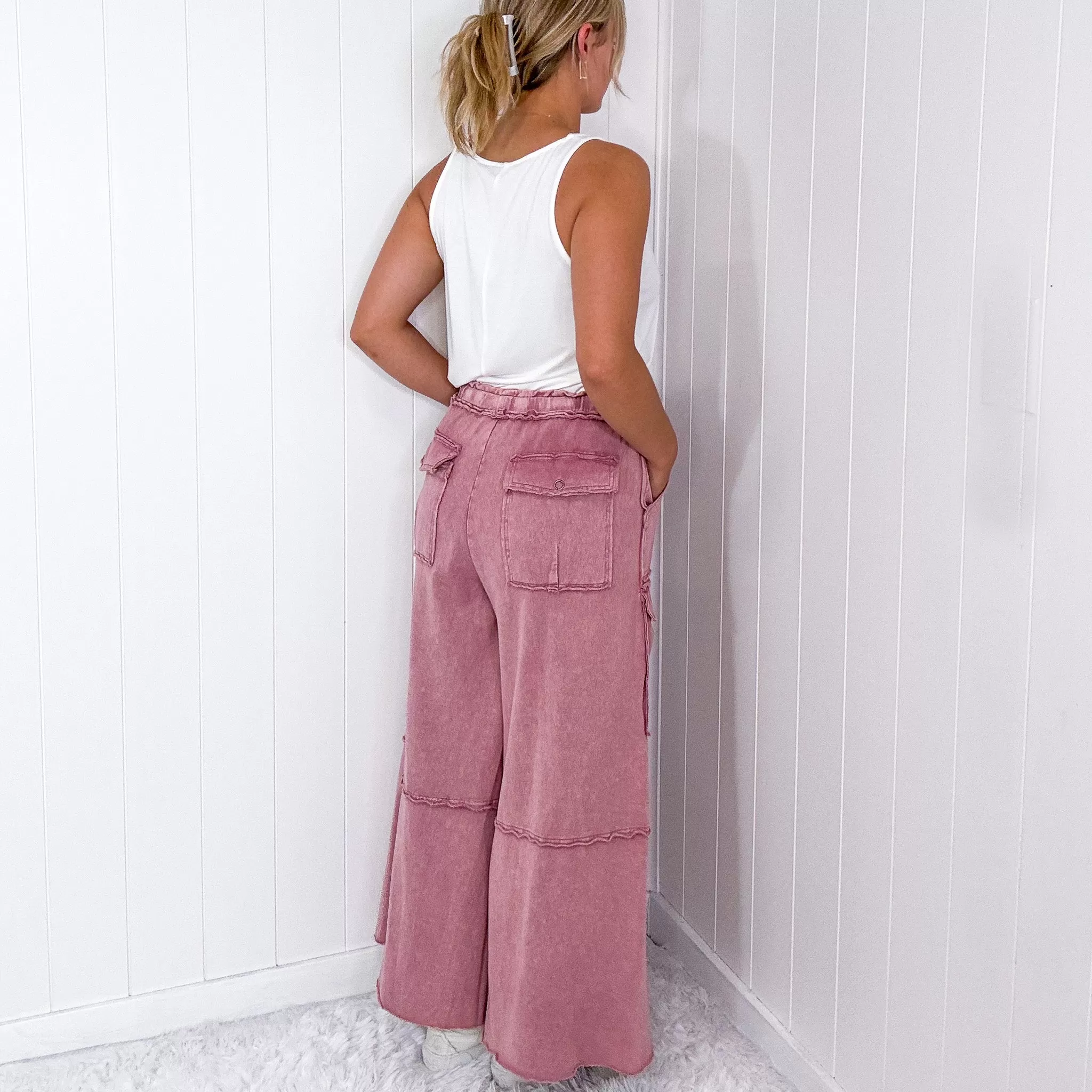 Feeling Good Cropped Relaxed Mineral Washed Wide Leg Cargo Pants in 8 Colors