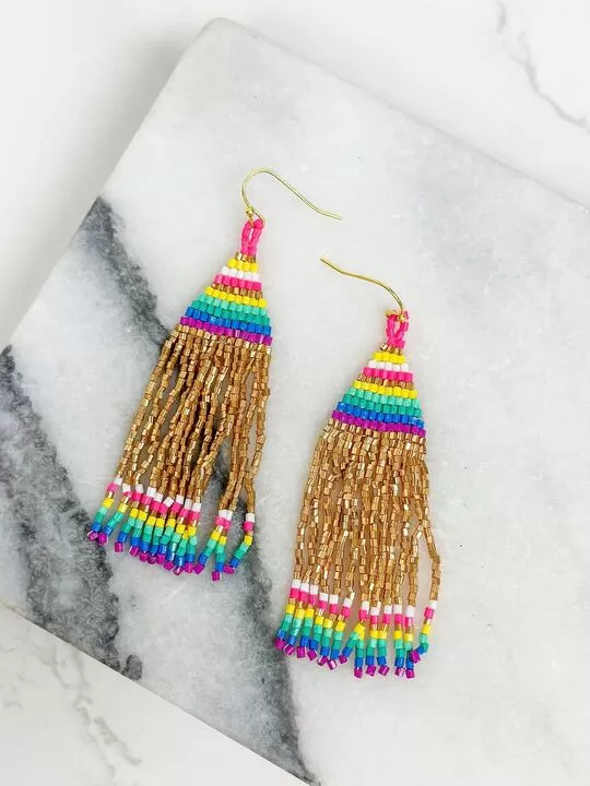 Golden Rainbow Fringe Dangle Earrings