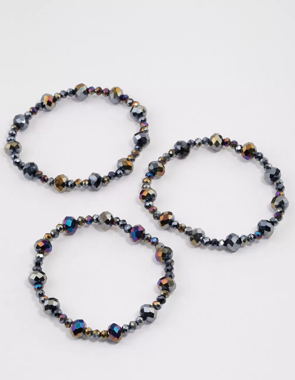 Gunmetal Triple Row Beaded & Facet Bracelet Pack