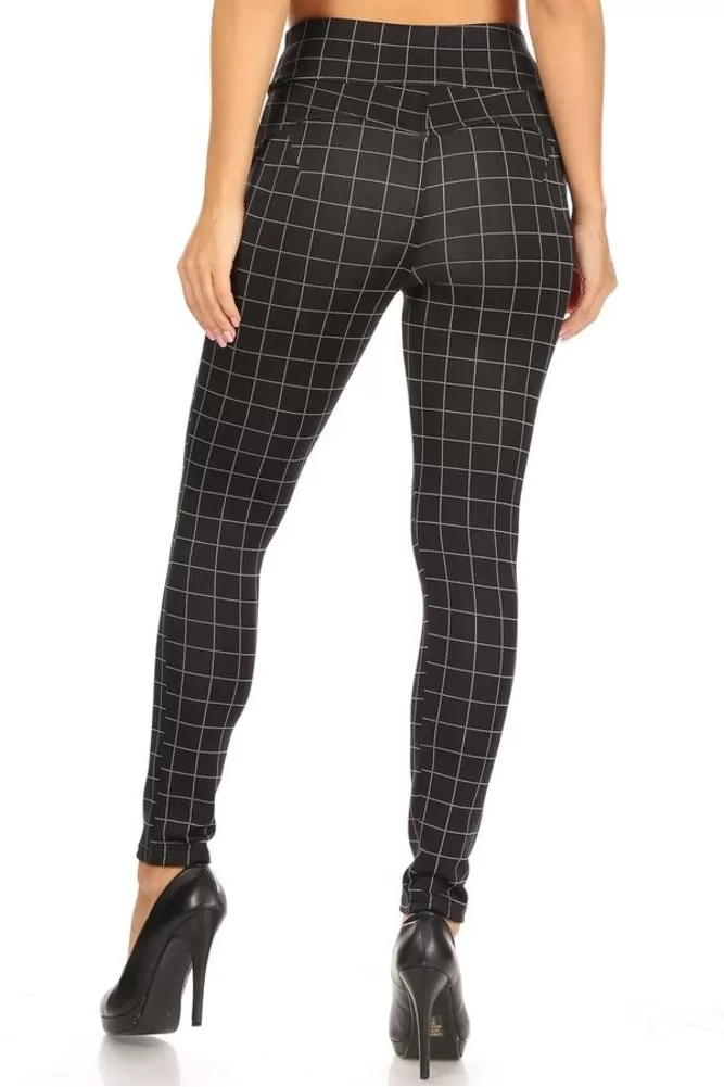 High Waist Sculpting Treggings With Front Pockets - Black & White Plaid