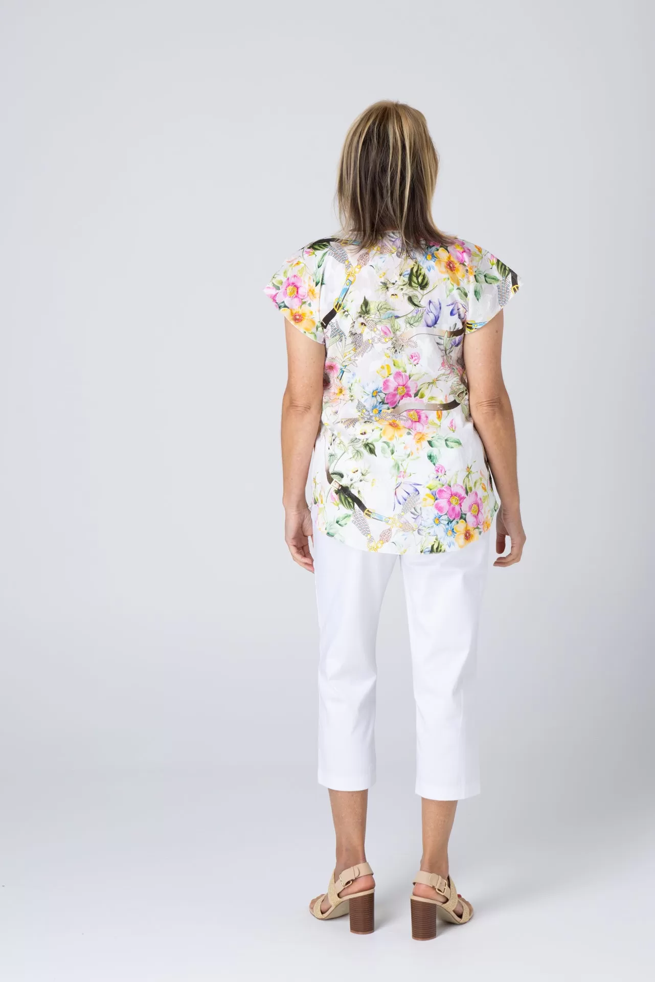 Honeysuckle Print Short Sleeve Non-Crush Jacquard Cotton Top