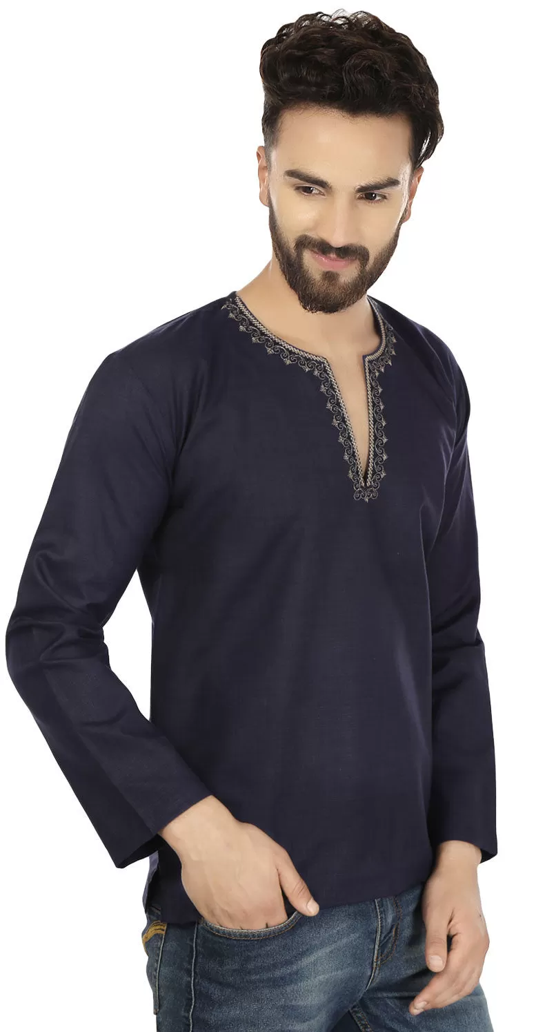 Indian Clothing Cotton Short Kurta for Men (Dark Blue)