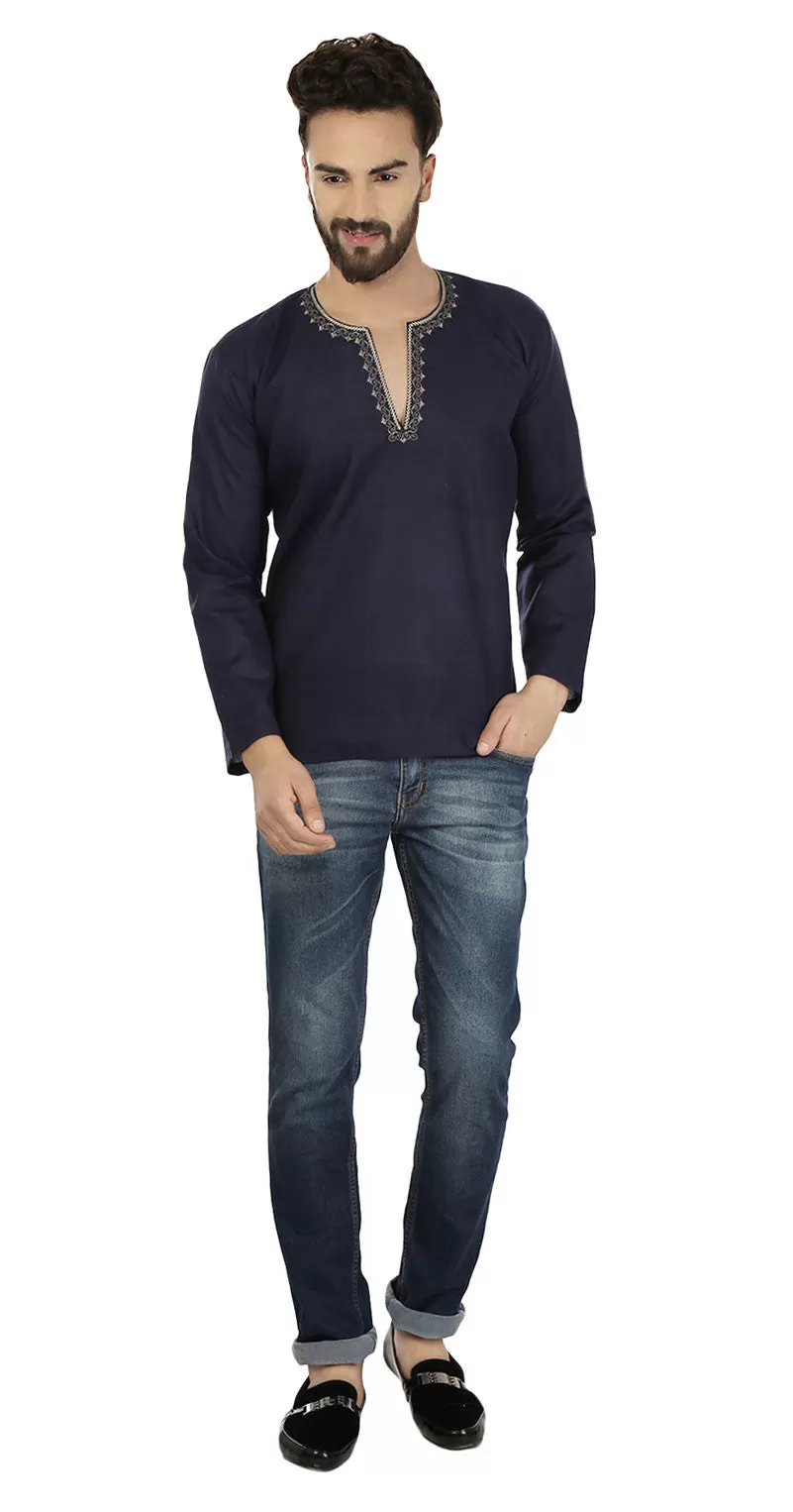 Indian Clothing Cotton Short Kurta for Men (Dark Blue)