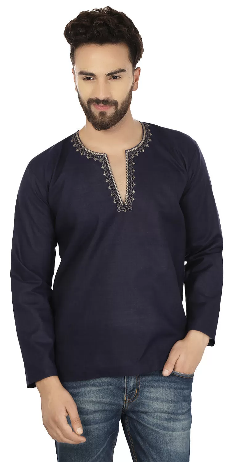 Indian Clothing Cotton Short Kurta for Men (Dark Blue)