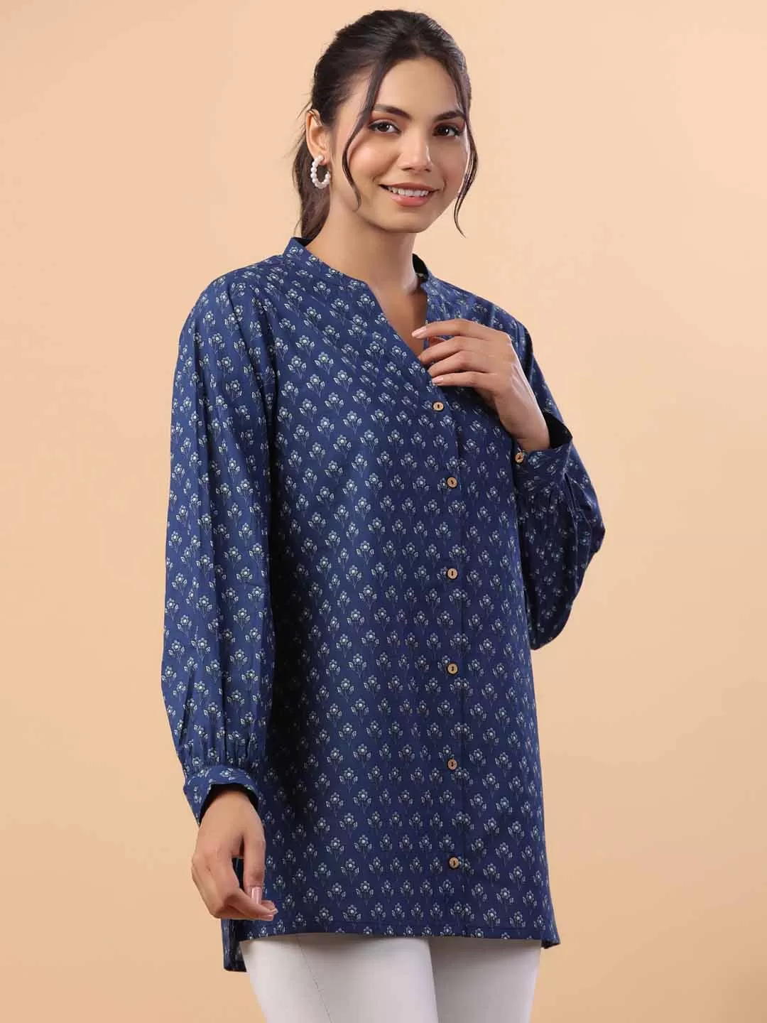 Indigo Cotton Floral A-Line Tunic