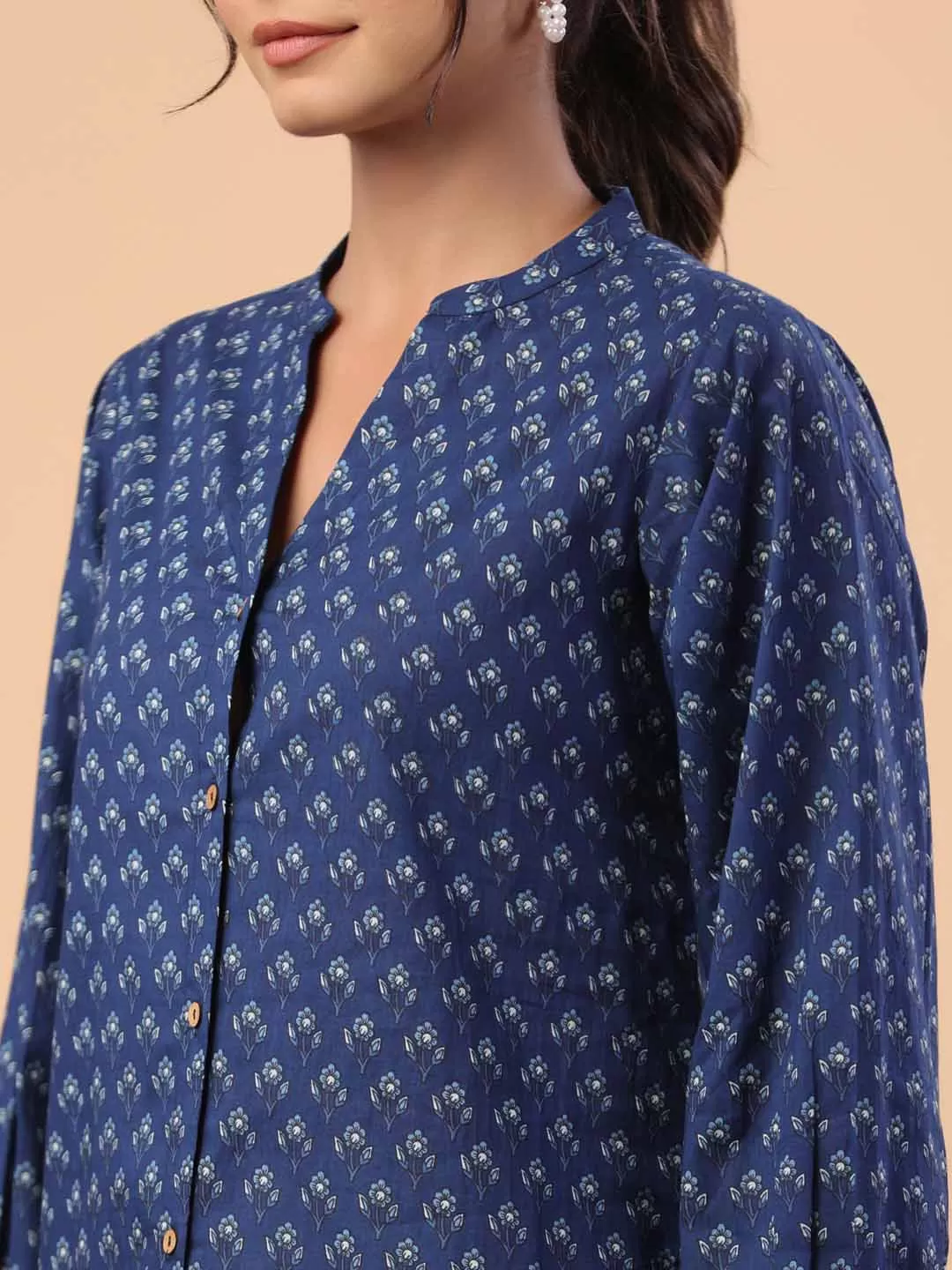 Indigo Cotton Floral A-Line Tunic