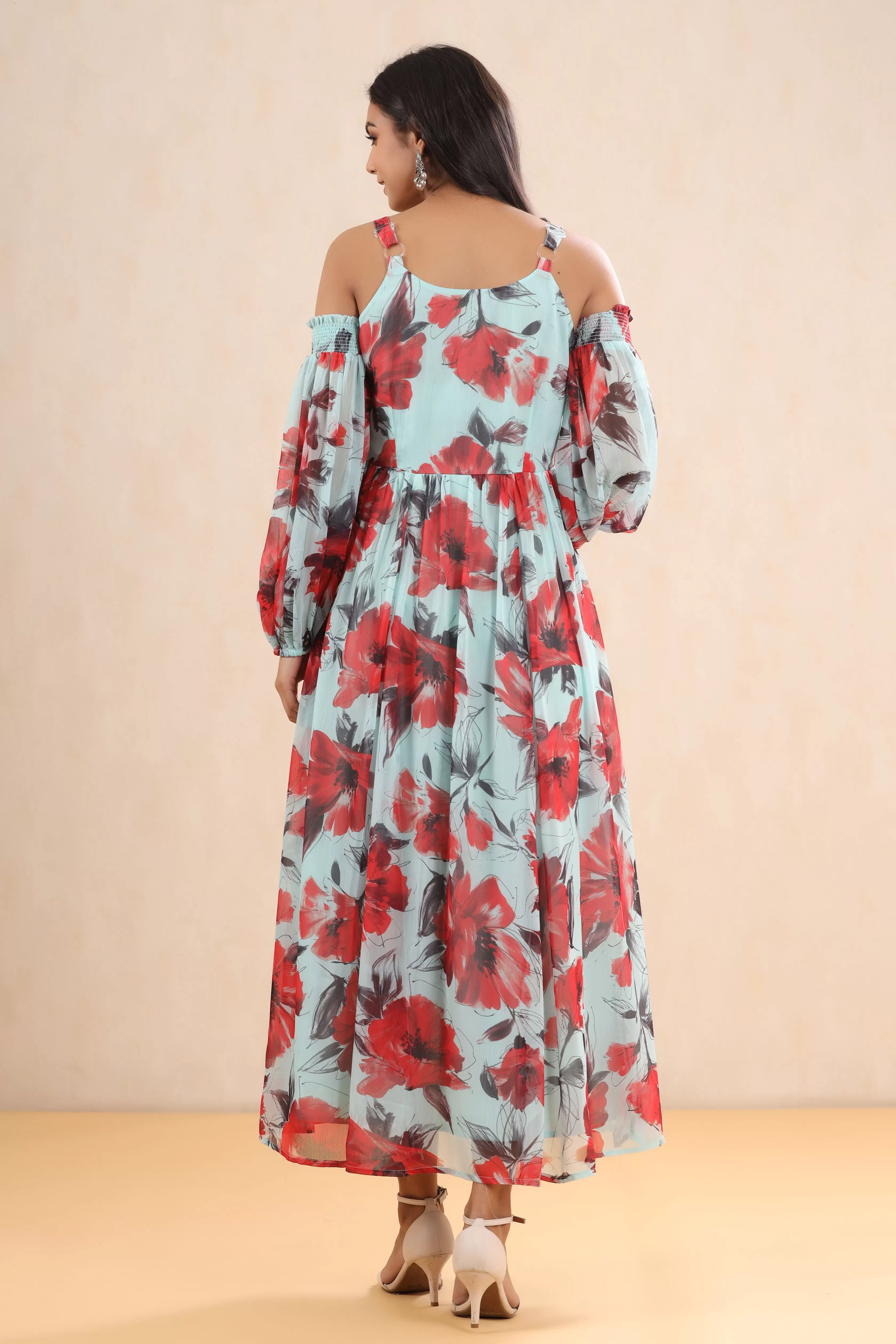 Juniper Mint Floral Printed Chiffon Maxi Dress With Adjustable Straps & Cold Shoulder