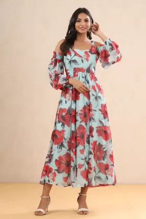 Juniper Mint Floral Printed Chiffon Maxi Dress With Adjustable Straps & Cold Shoulder