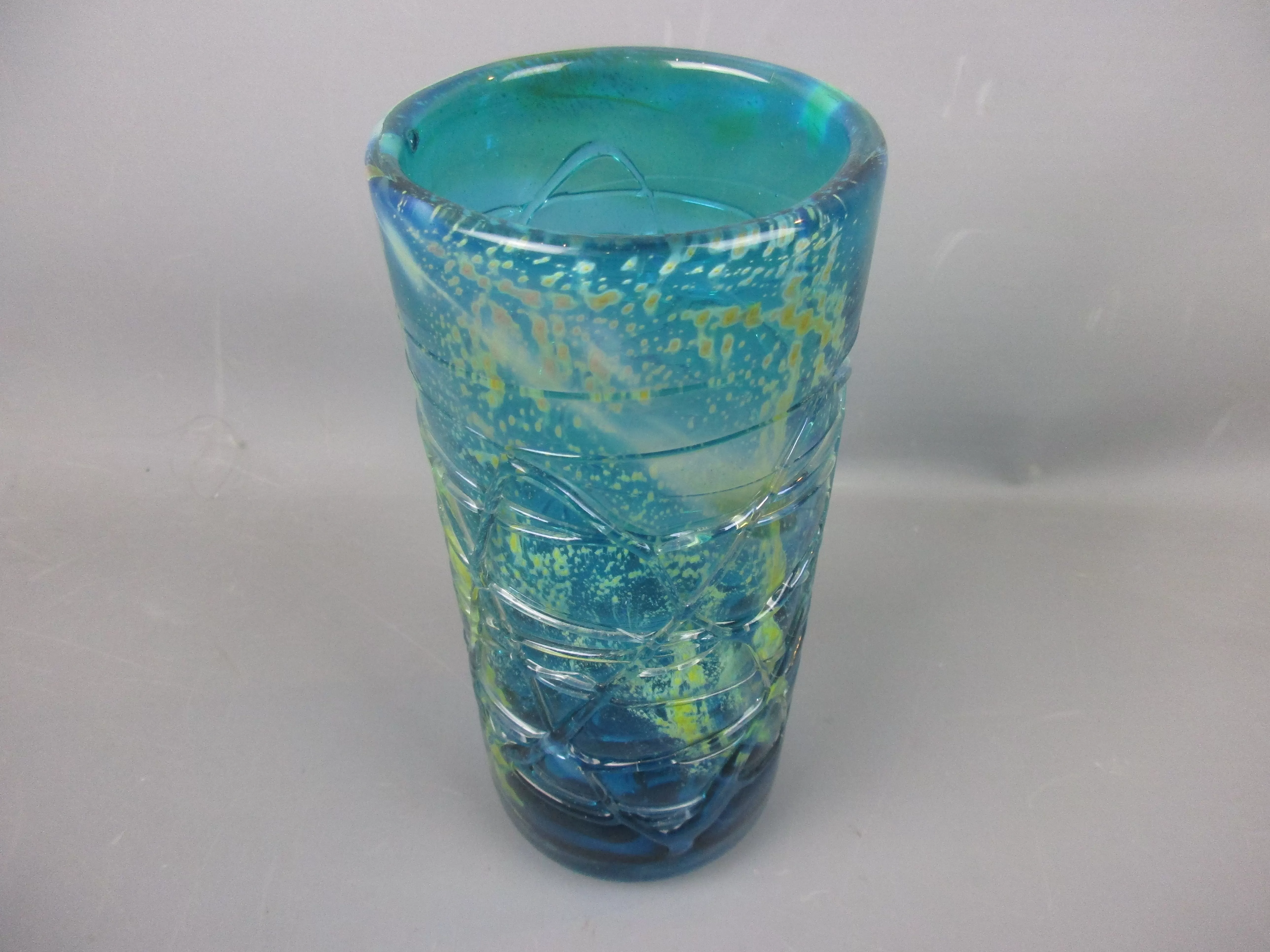 Large Mdina Turquoise & Mottled Yellow Trailed Vase Vintage Retro c1970