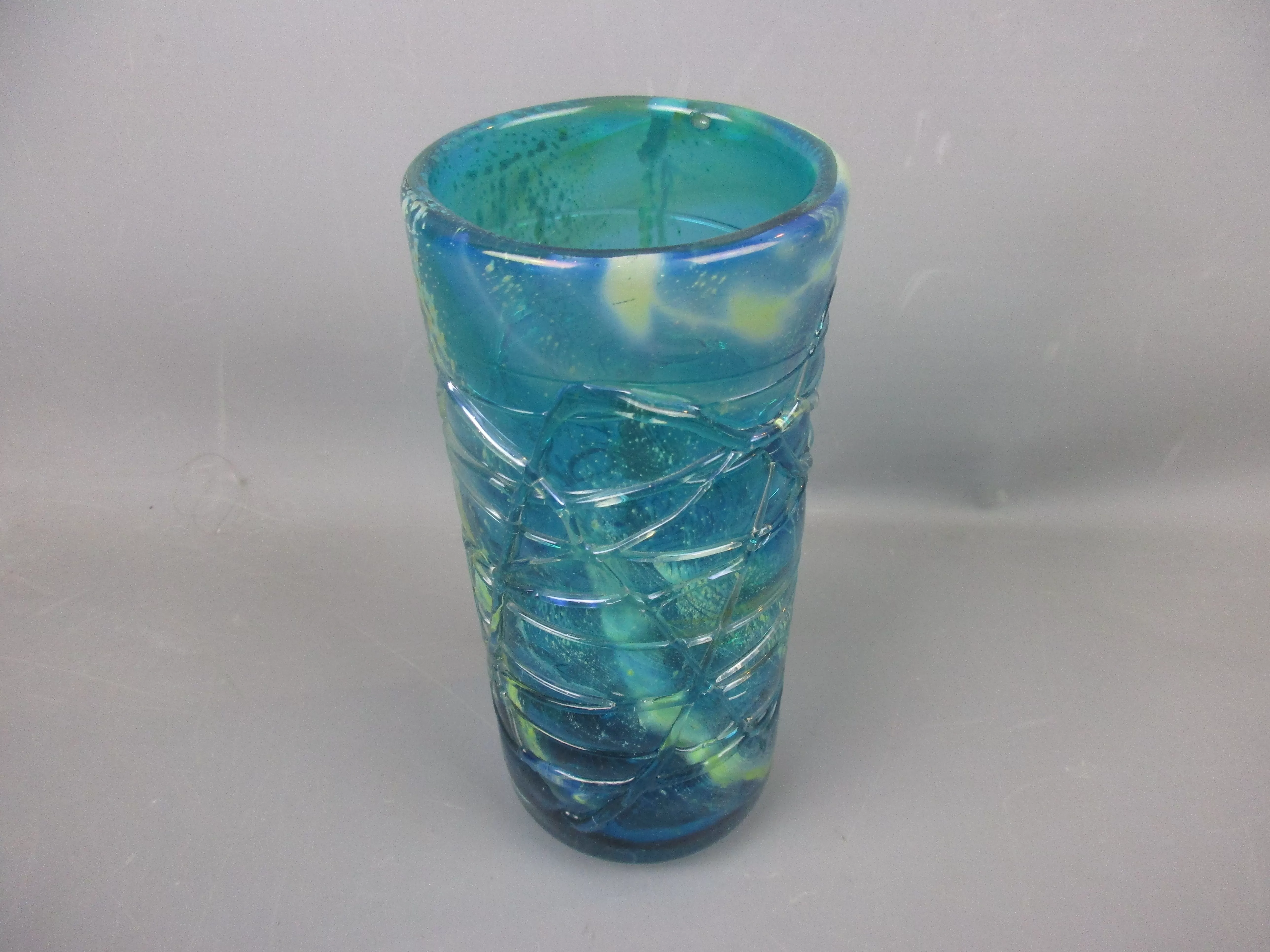 Large Mdina Turquoise & Mottled Yellow Trailed Vase Vintage Retro c1970