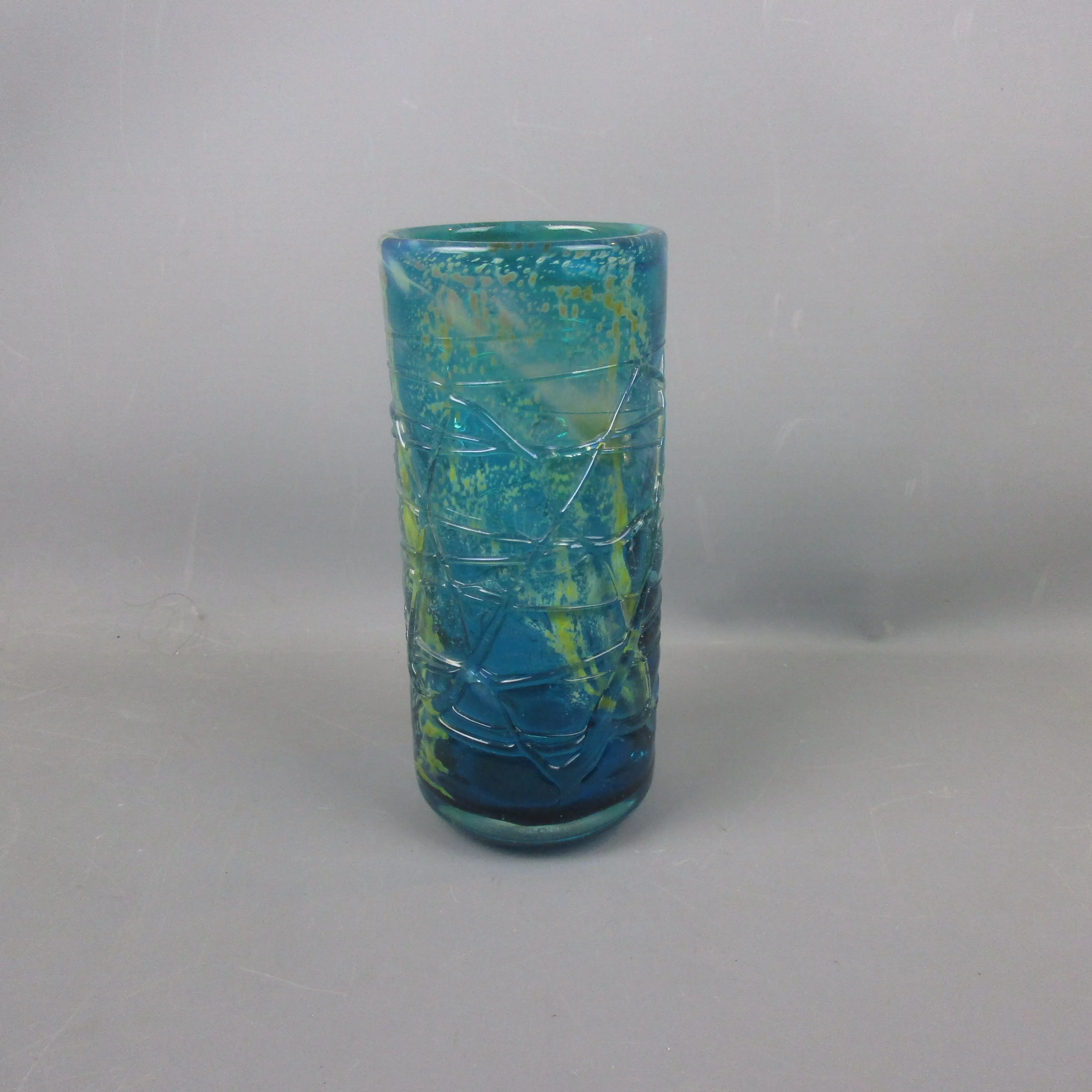 Large Mdina Turquoise & Mottled Yellow Trailed Vase Vintage Retro c1970