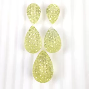 LEMON QUARTZ Gemstone Carving : 63.15cts Natural Untreated Unheated Quartz Hand Carved Pear Shape 15.5*10.5mm - 23*15mm 5pcs