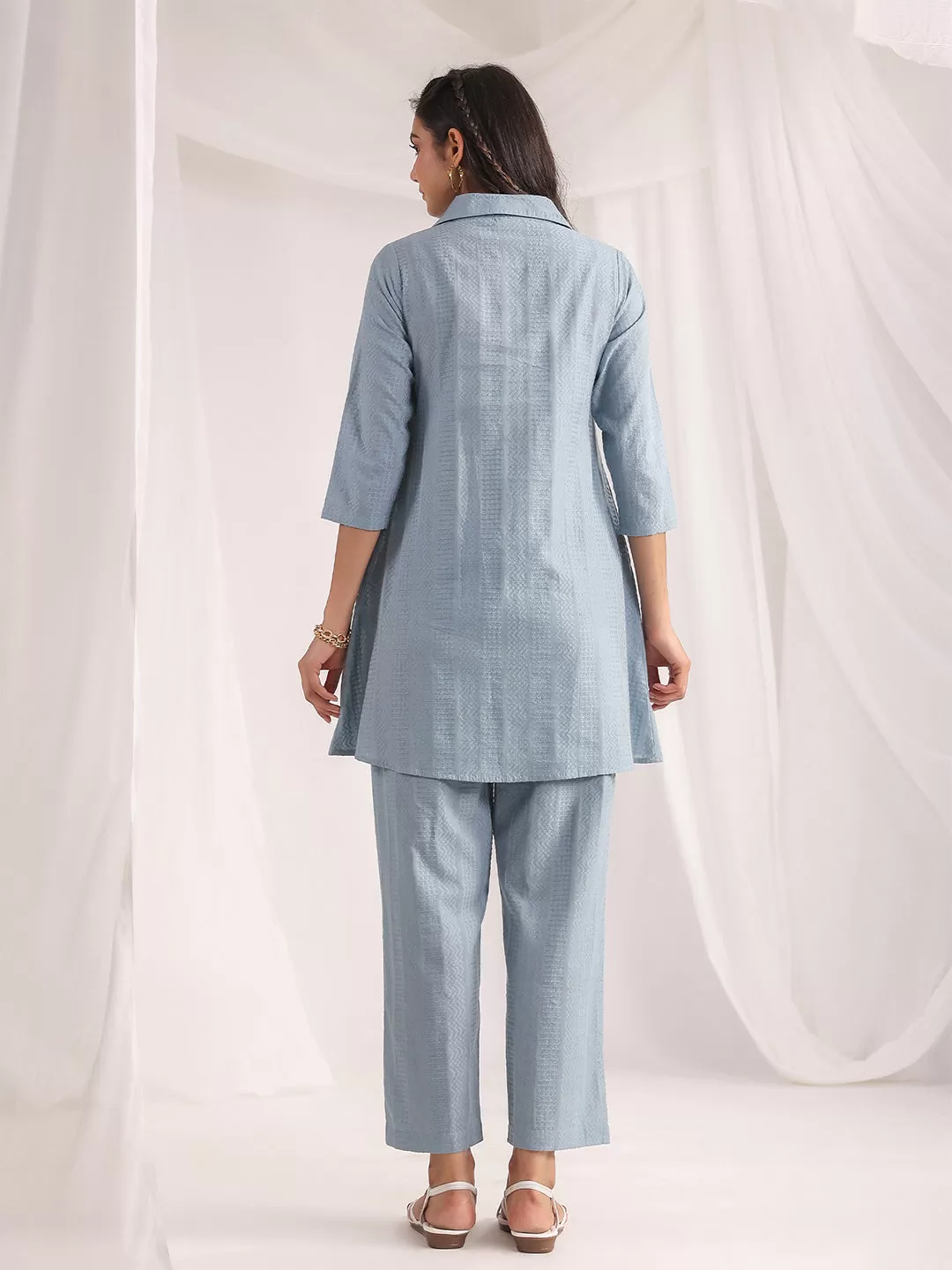 Light Blue Cotton Jacquard Self Design Shirt Co-ord Set