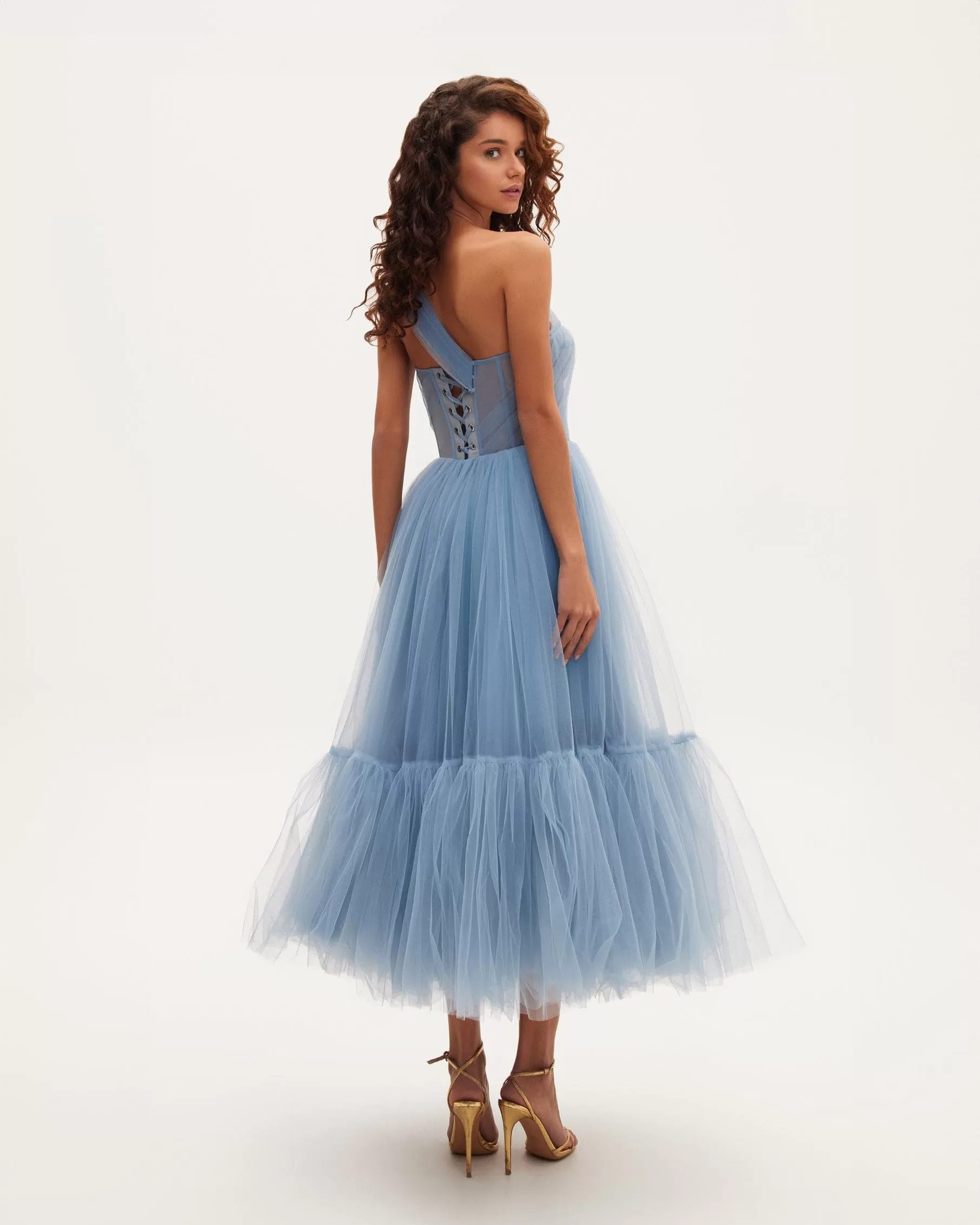 Light Blue One-Shoulder Cocktail Tulle Dress