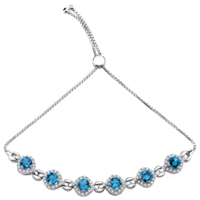 London Blue Topaz Adjustable Bracelet Sterling Silver Round Shape 3.75 Carats