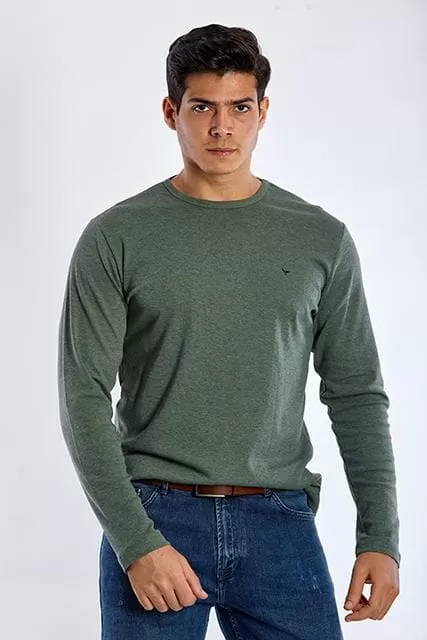 Long Sleeve Round Neck Plain T-Shirt - GREEN OLIVE