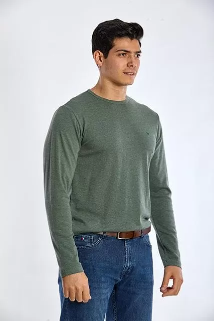 Long Sleeve Round Neck Plain T-Shirt - GREEN OLIVE