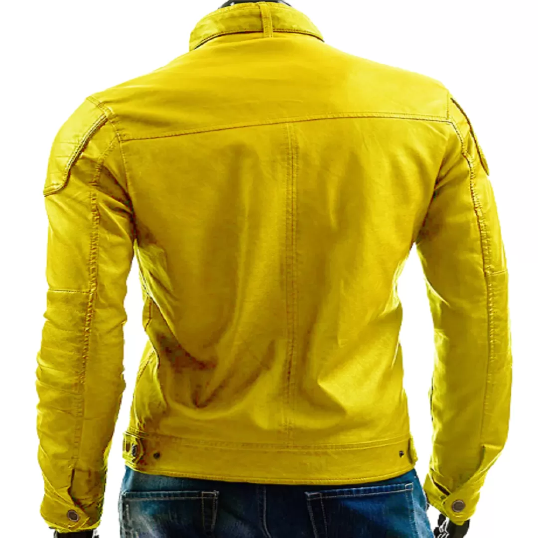 Men's Yellow Motorcycle Vintage Retro Cafe Racer Genuine Leather Jacket