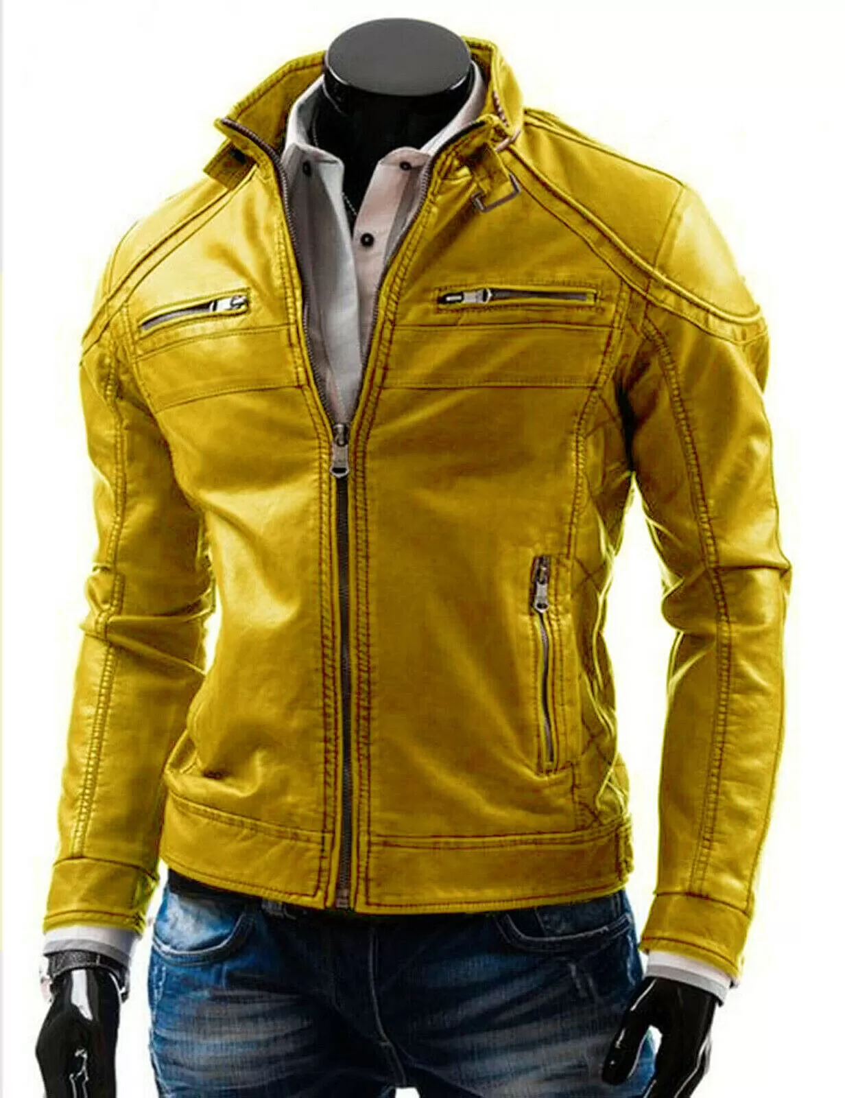 Men's Yellow Motorcycle Vintage Retro Cafe Racer Genuine Leather Jacket