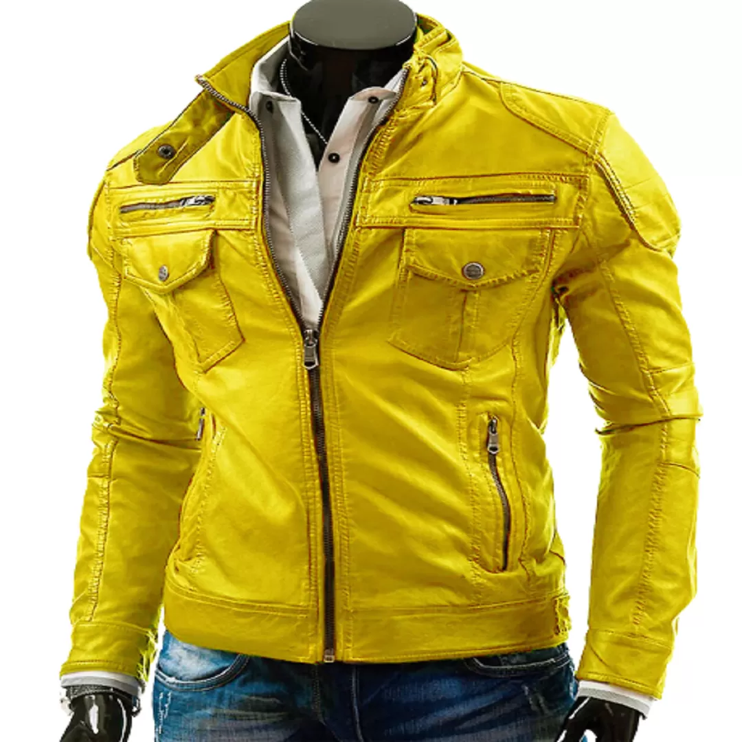 Men's Yellow Motorcycle Vintage Retro Cafe Racer Genuine Leather Jacket