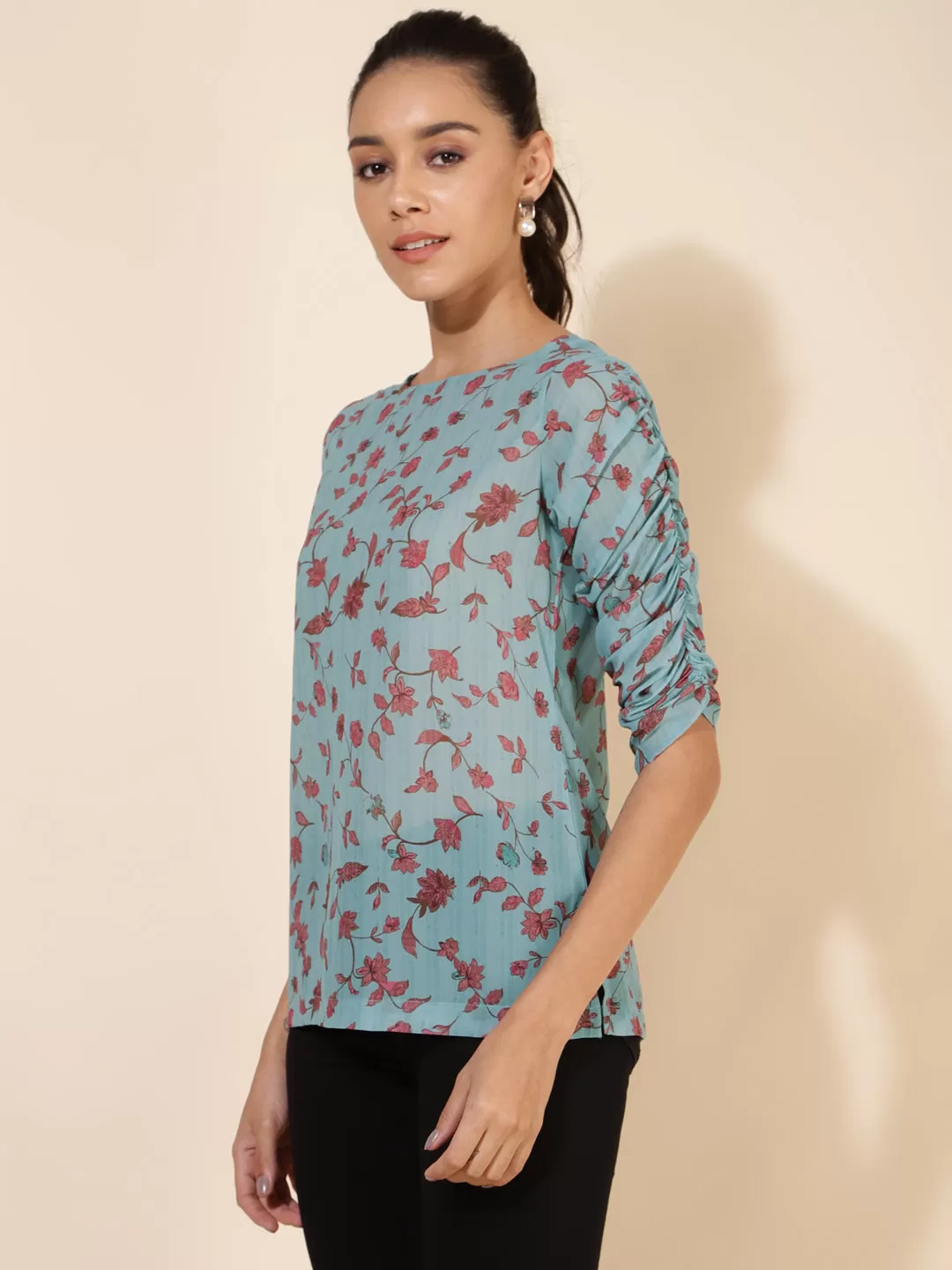 Mint Green Georgette Floral Printed Regular Top