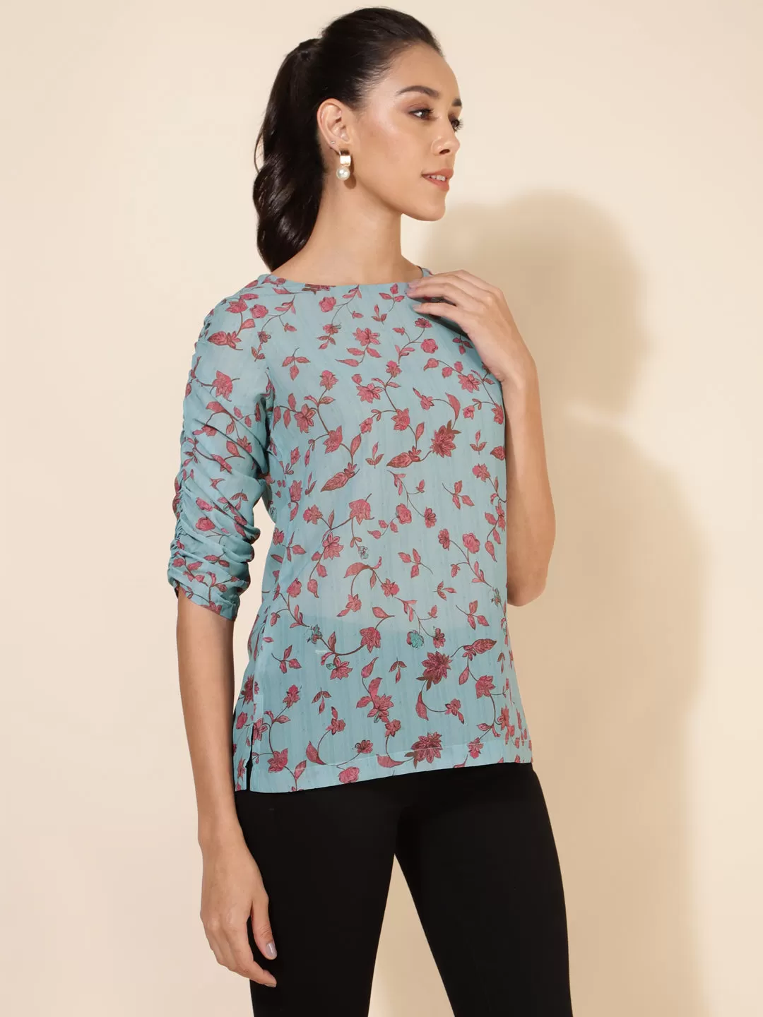 Mint Green Georgette Floral Printed Regular Top