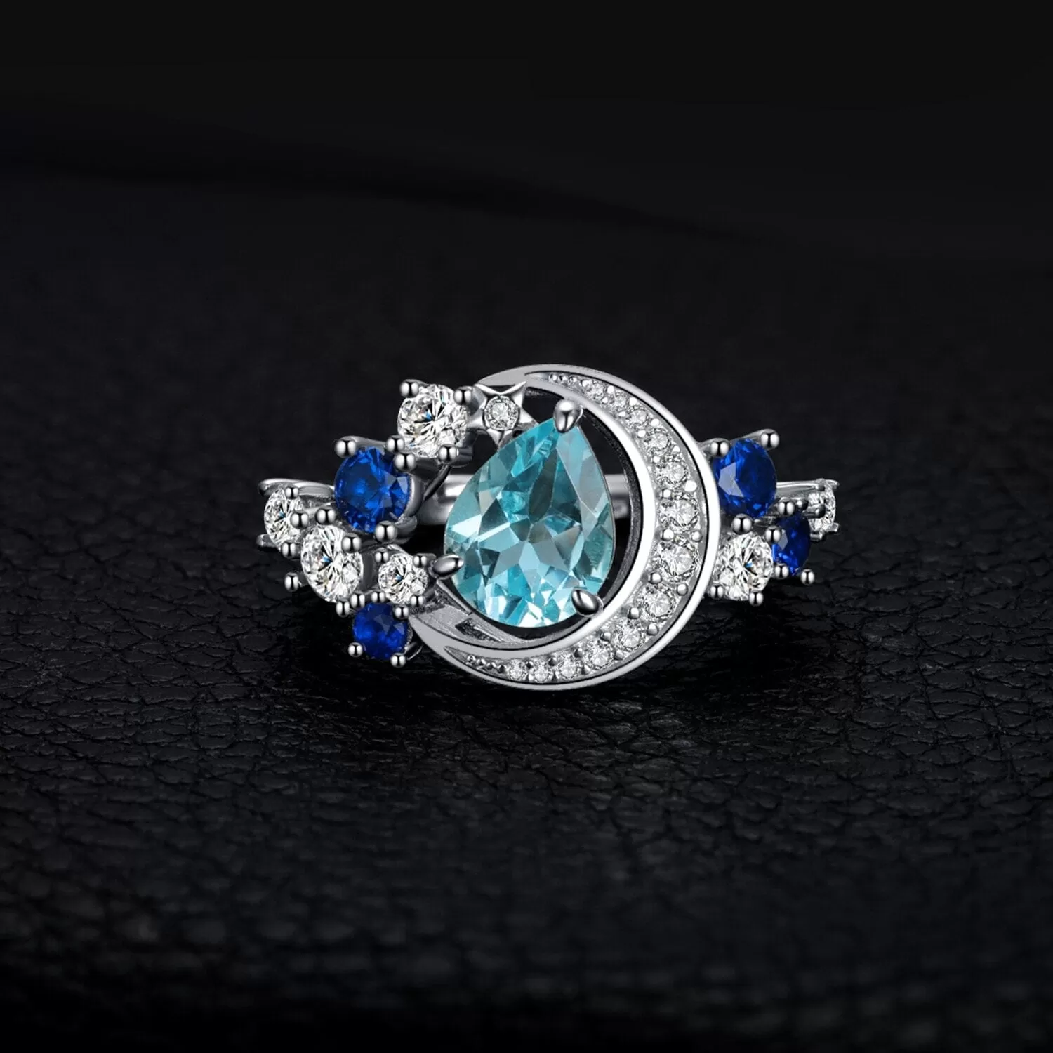 Moon Star 6.8ct Sky Blue Topaz and Sapphire 925 Sterling Silver Ring