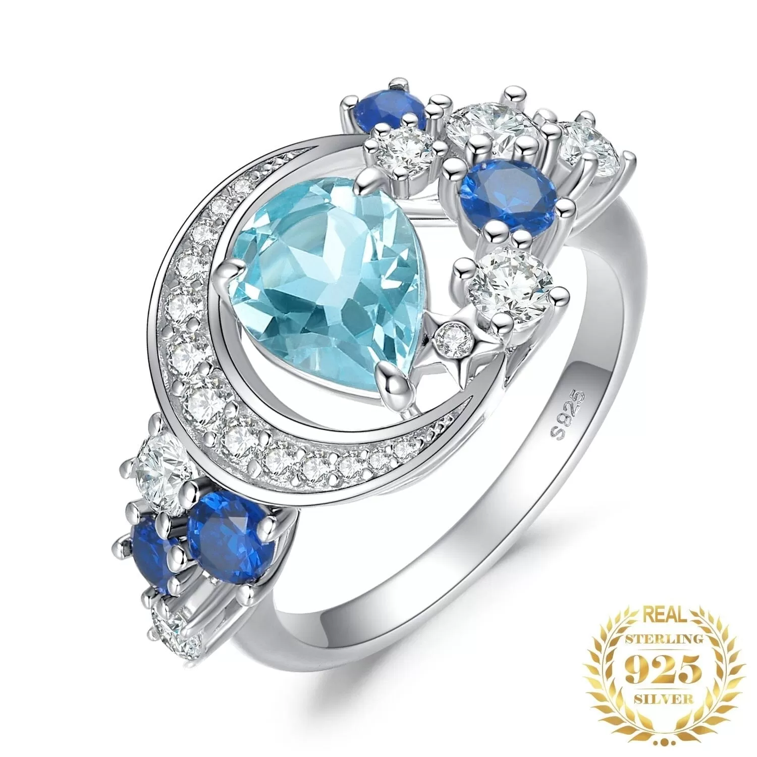 Moon Star 6.8ct Sky Blue Topaz and Sapphire 925 Sterling Silver Ring