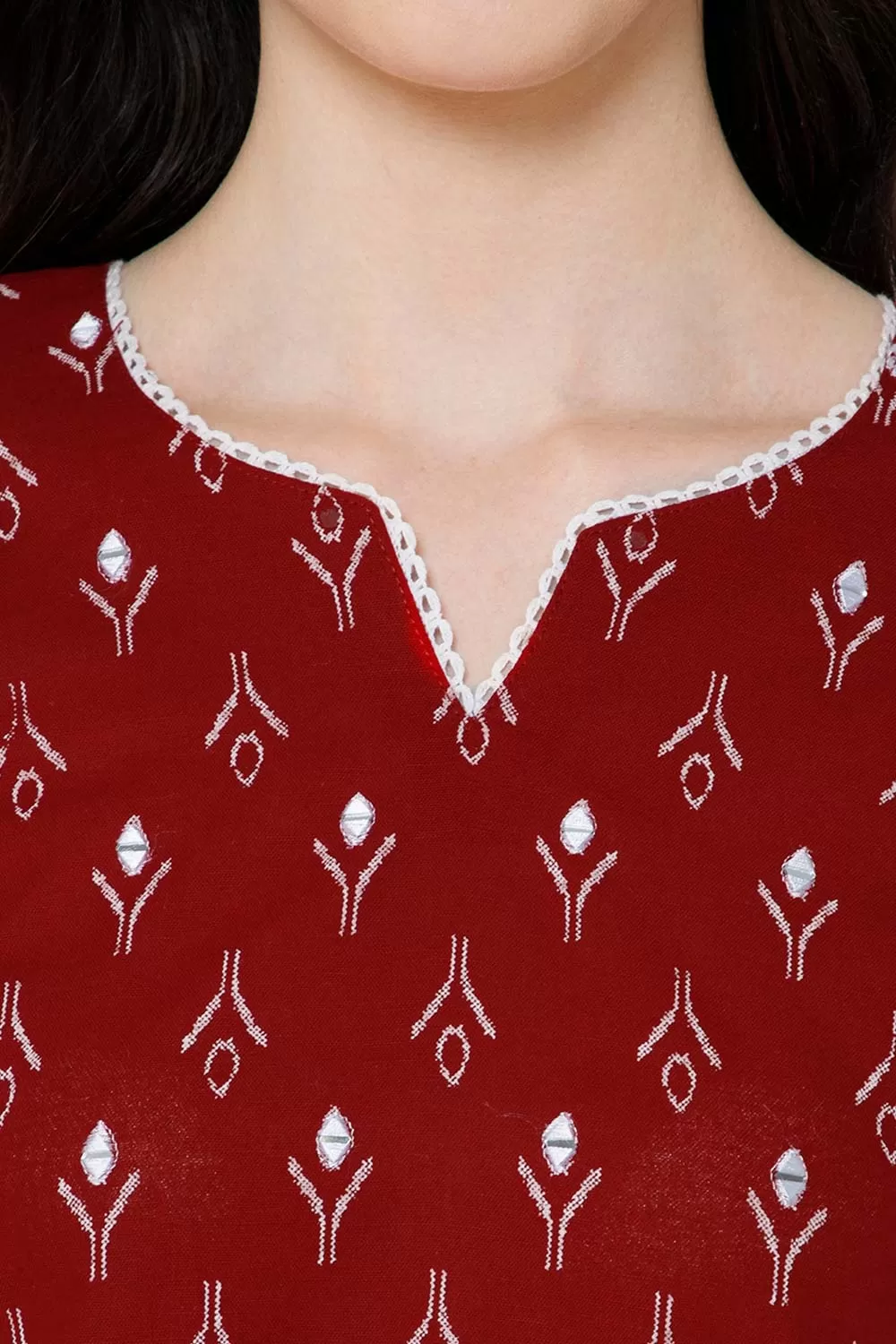 Mythri Women's Casual Tops with Minimalistic Mirror Embroidery With Lace At  The Neckline And Princess Line - Red - E010