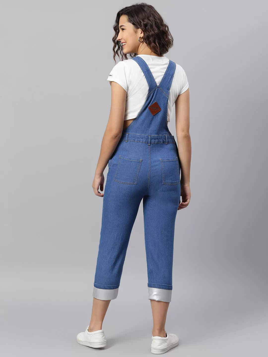 NaughtyDungaree® Women Denim Dungaree with Platinum Faux Leather Bottom Hem-Fold