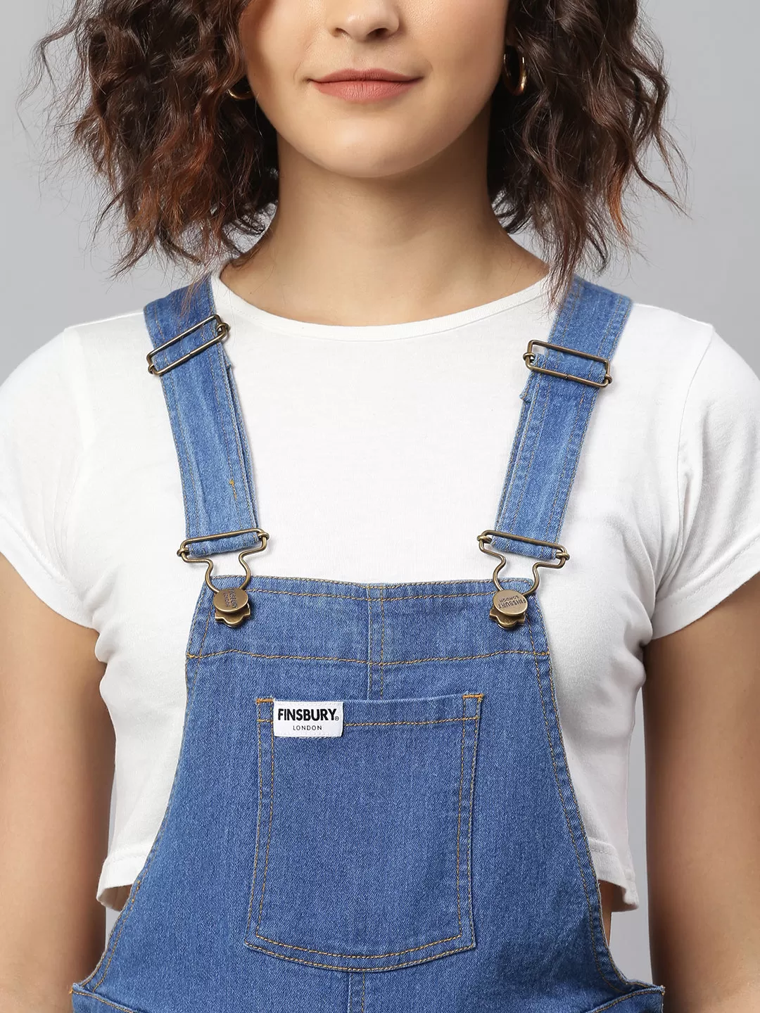 NaughtyDungaree® Women Denim Dungaree with Platinum Faux Leather Bottom Hem-Fold